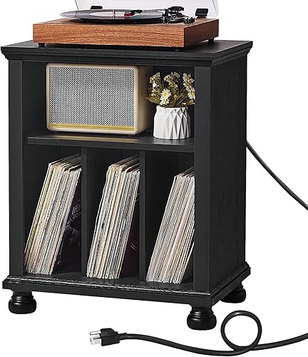Miniatura 10 de Soporte para tocadiscos con estación de carga hasta 200 álbumes, mesa para tocadiscos de mediados de siglo de 24" de ancho con almacenamiento para