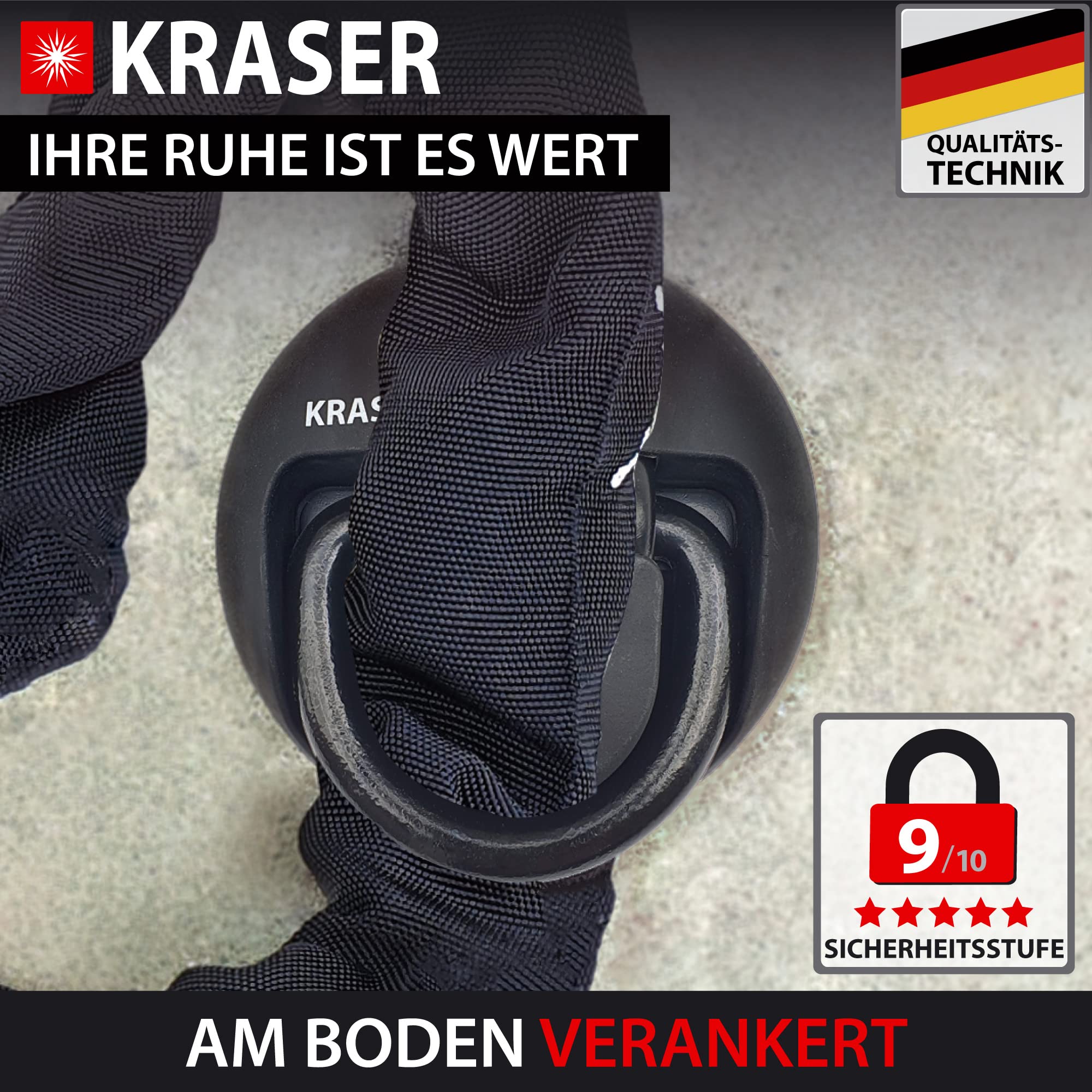 KRASER KR804 Hochsicherheits- Bodenanker Wandanker mit höchster Sicherheitsstufe 10 von 10 - Anker für Motorrad Moped & Fahrrad mit 14mm Bügel aus gehärtetem Spezialstahl Befestigungsanker Wand Boden