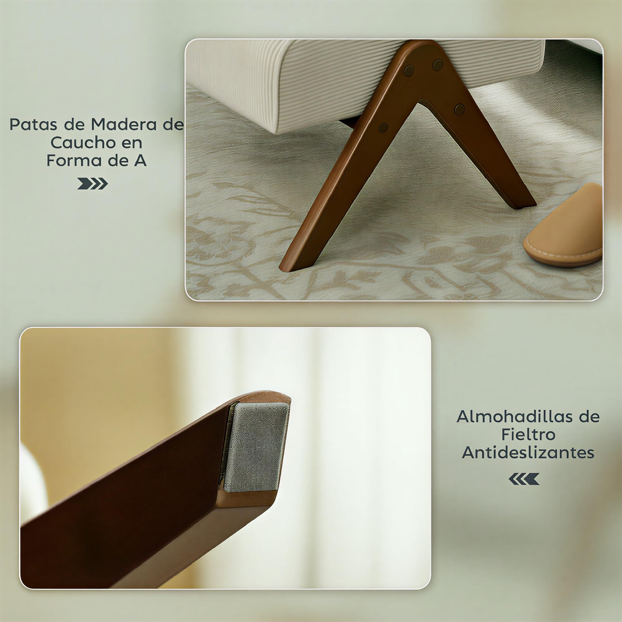 HOMCOM Reposapiés de Salón Taburete Bajo Tapizado en Pana Otomana Rectangular con Asiento Acolchado y Patas de Madera para Sala de Estar Dormitorio Beige