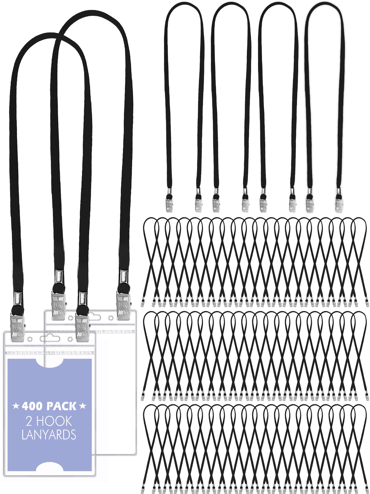 Patelai 400 Pack Twist Free Double Clip Lanyards Bulk 2 Hook Adjustable Neck Strap for ID Badge Face Mask Badge Holder for Back to School Office Conference Business Church Essential (Black)