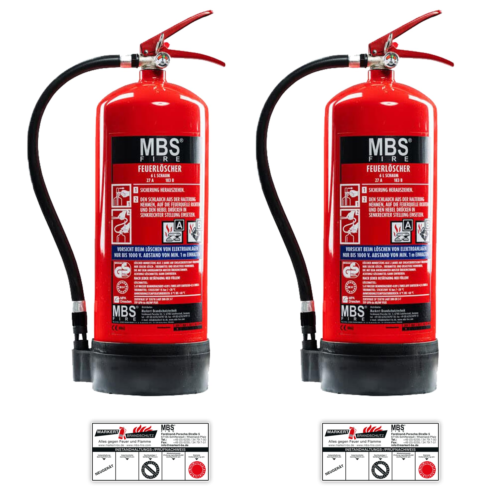 2X MBS FIRE Schaum Feuerlöscher 6L mit Manometer inkl. Instandhaltungsnachweis 27A 183B