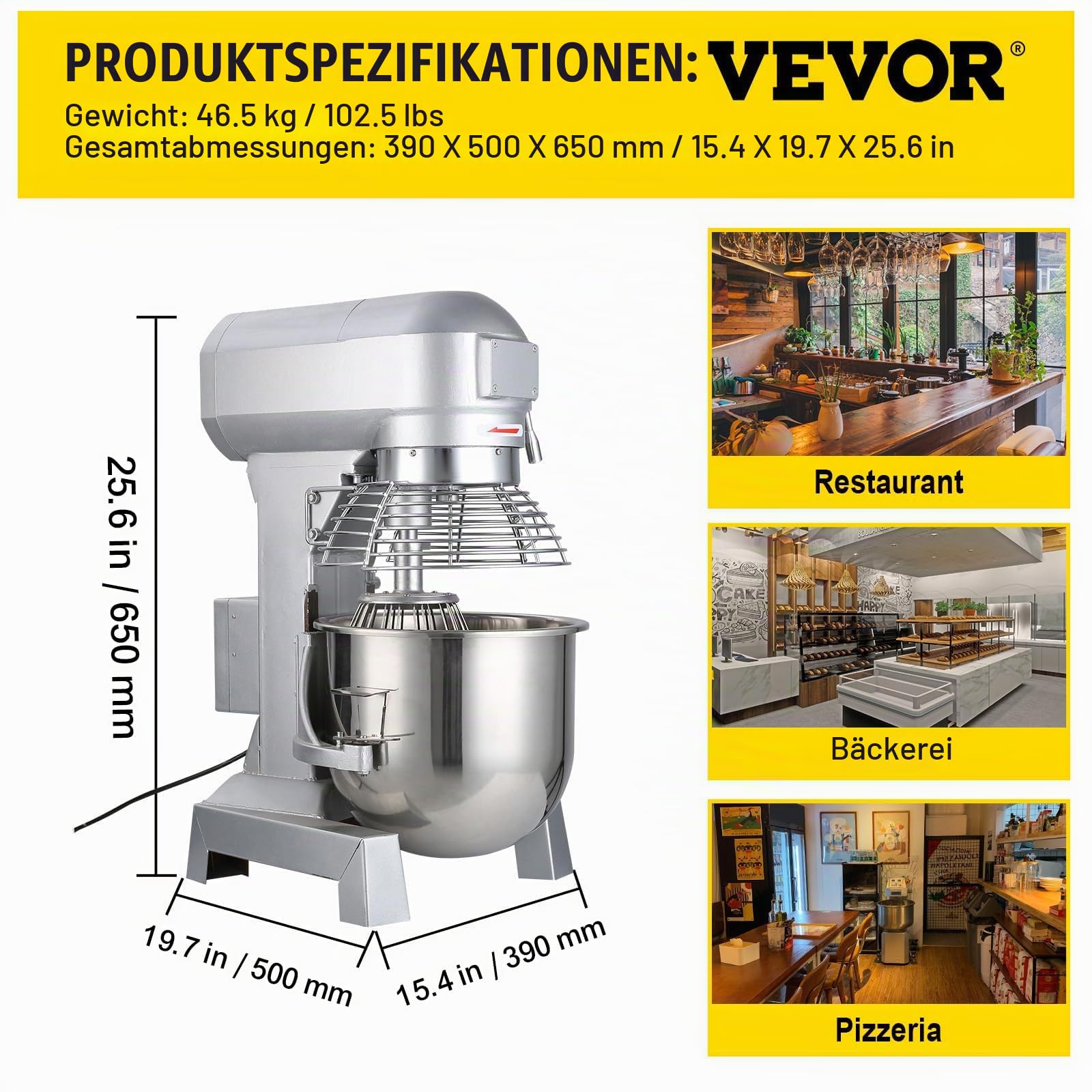 VEVOR Teigknetmaschine Küchenmaschine, 15 Qt Edelstahl Teigmixer, 600 W, einstellbar (130/233/414 U/min), inkl. Edelstahlschüssel, Knethaken, Schneebesen, Rührbesen, ideal für Bäckereien, Restaurants