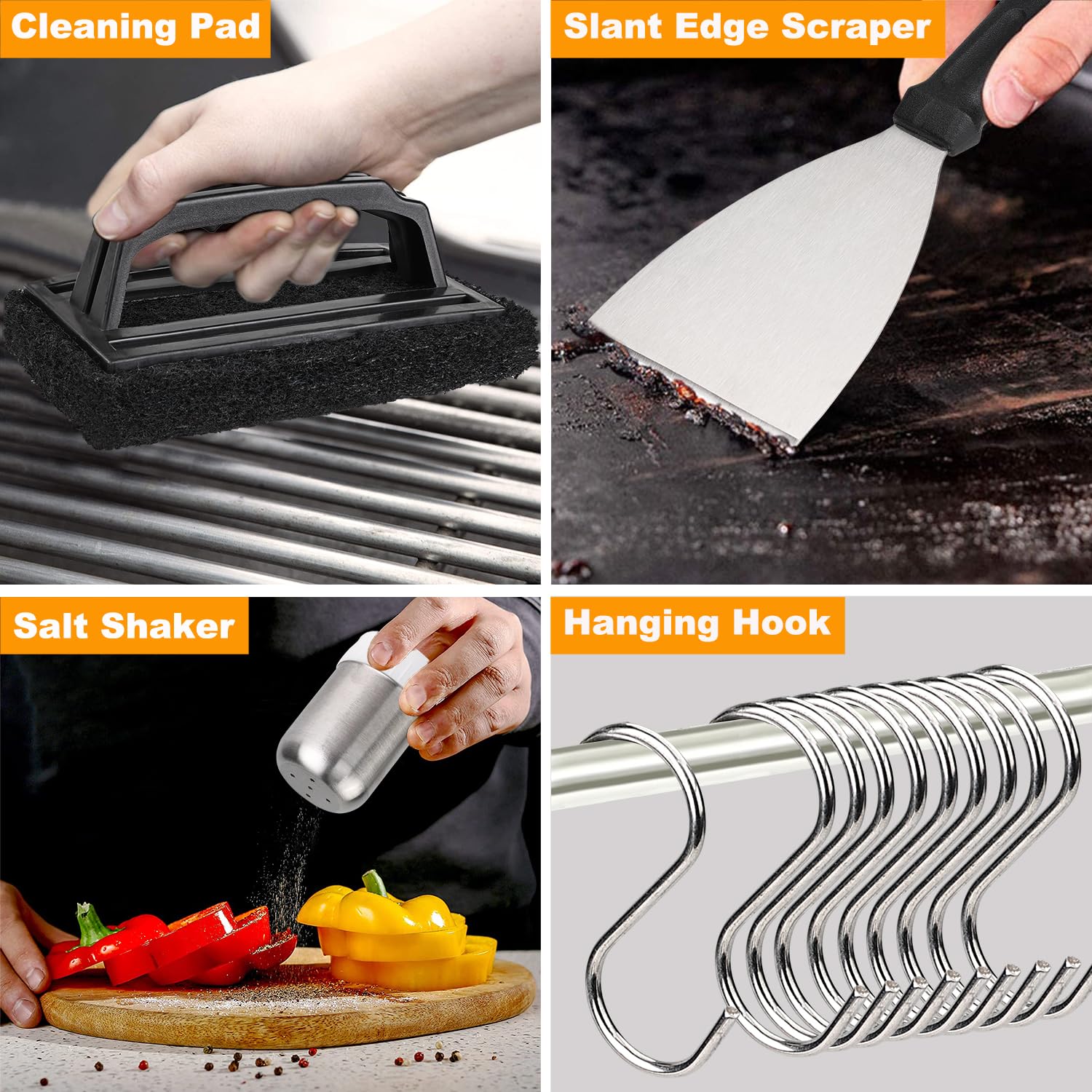 Juego de 28 accesorios para parrilla, juego de accesorios de parrilla plana para chef de campamento, juego de espátulas para parrilla con espátulas agrandadas, cubierta de hilvanado, raspador 5