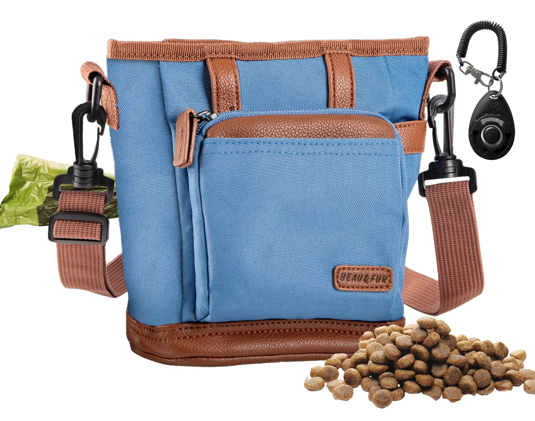 BEAU&FUR Large Dog Treat Pouch with Clicker for Training – 4 Cup Capacity, Built-In Poop Bag Dispenser, Expandable Pocket, Metal Buckle, Large Back