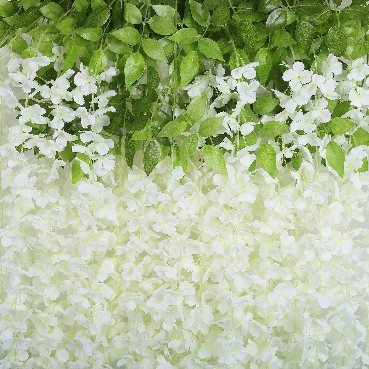 Guirnalda de flores colgantes de glicinia artificial, guirnalda de flores de seda para bodas, fiestas, jardín, decoración de pared del hogar (60 unidades, blanco)