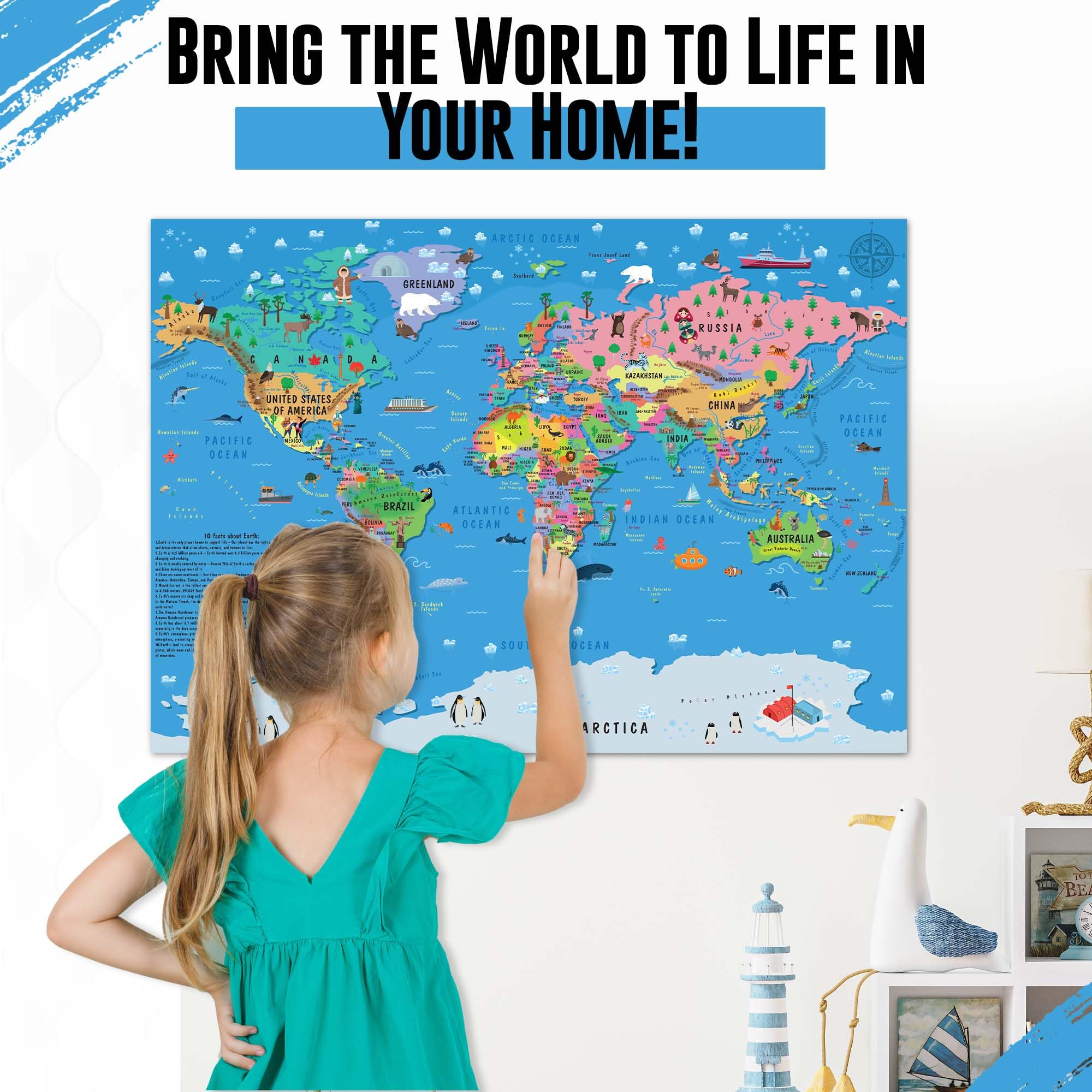 Children’s World Map Poster for Wall – Large A1 Illustrated World Map for Kids Globe Atlas Wallchart