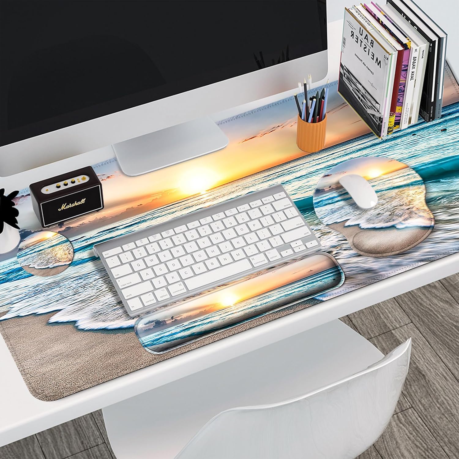 Mouse Pad + Desk Mat + Keyboard Wrist Rest + Coaster 4 in 1 Set, Cute Ergonomic Large Gaming Mousepad with Wrist Rest Support Desk Pad for Computer Laptop Office Home Decor-Beach