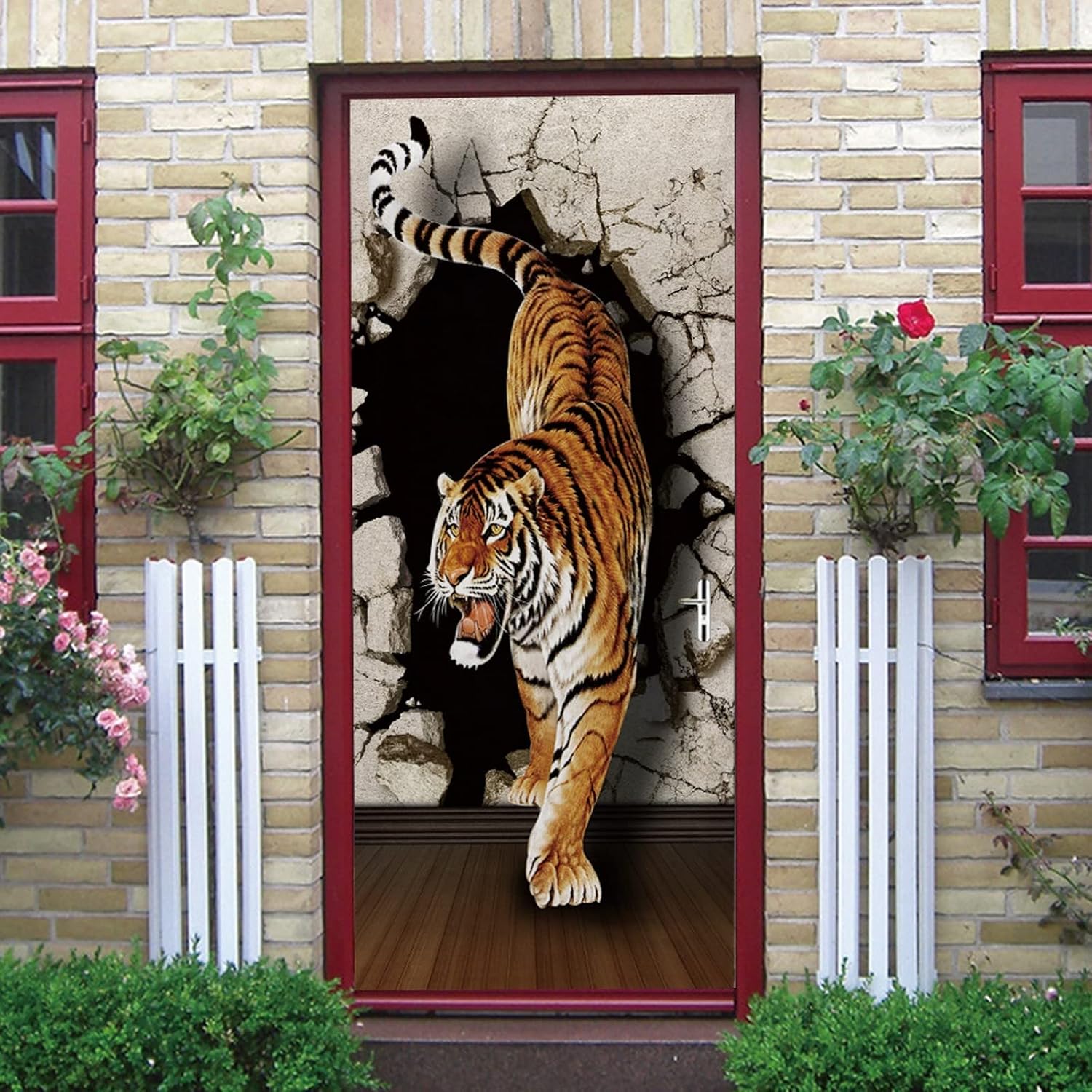 A.Monamour 3D Door Stickers for Interior Doors A Tiger Walking Through A Cracked Wall Vinyl Waterproof Self Adhesive Door Mural Decals for Bedroom Office Bathroom 85 x 215 cm