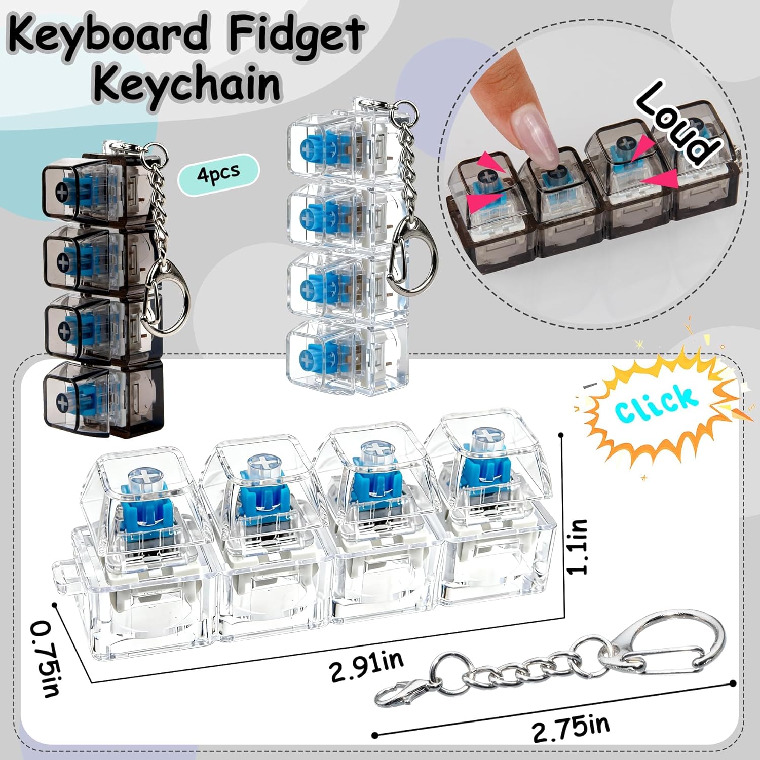 4 PCS Keyboard Fidget Toy, Keyboard Fidget Keychain 4-in-1 Keyboard Decompression Button Finger Clicker Toys, Button Stress Relief Fidget Gifts (Clear Black)