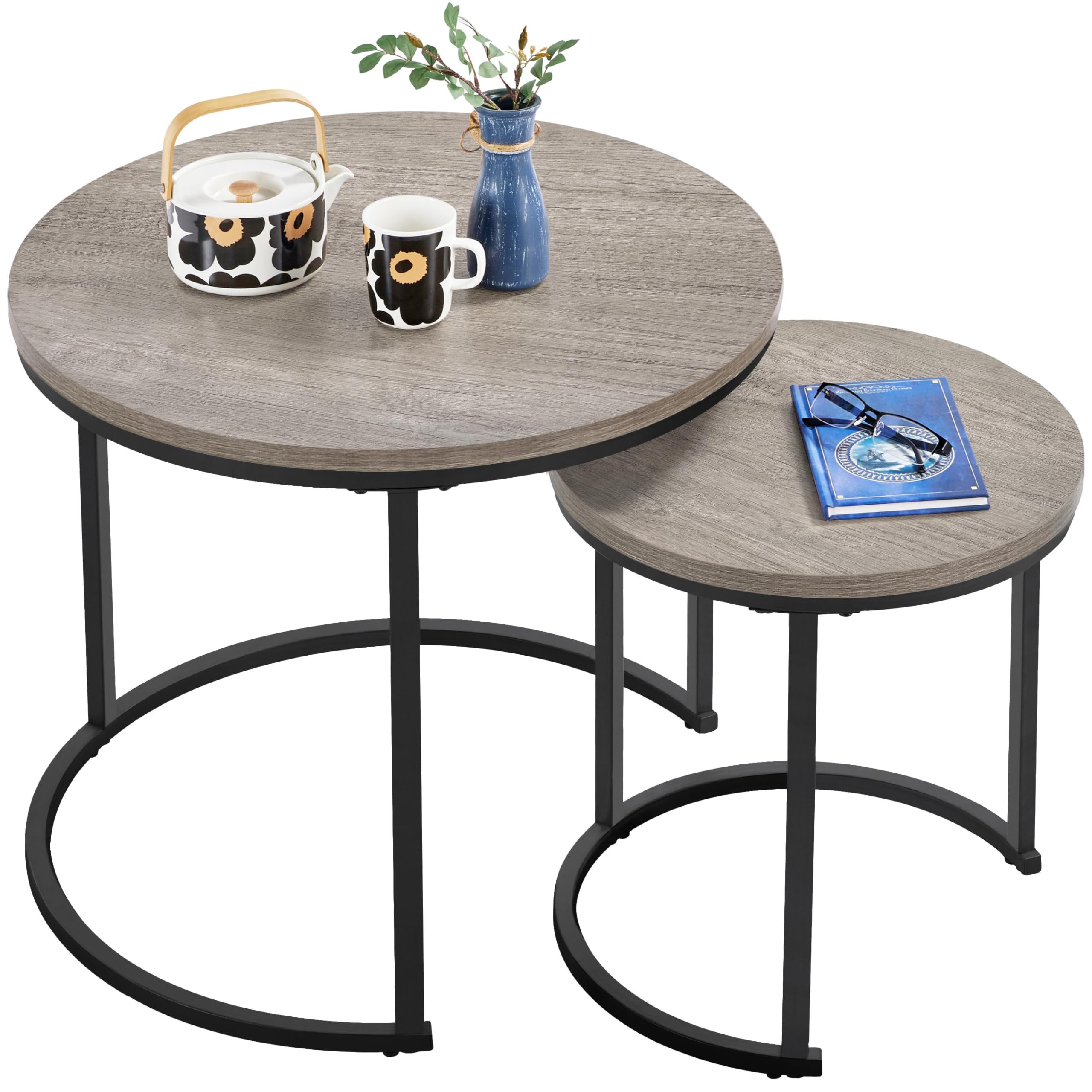Yaheetech Wood Nesting Table Set, Round End Table with Steel Legs, Industrial Cocktail Sofa Side Table for Living Room/Bedroom/Reception, 60 x 60 x 50.5cm, Gray
