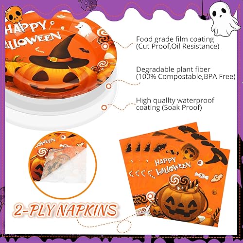 Miniatura 3 de 100 piezas de suministros para fiesta de Halloween, platos desechables, servilletas, cena, almuerzo, postre para decoración de fiesta de cumpleaños,