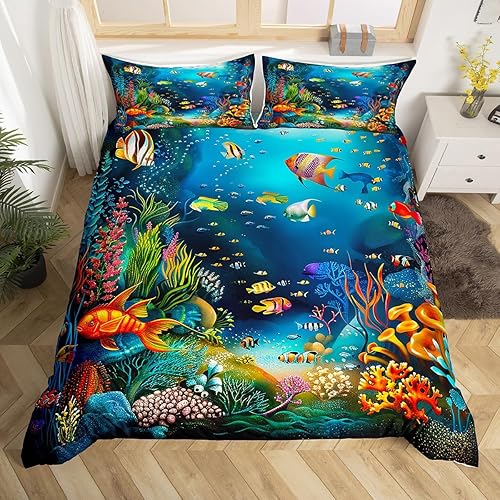 Juego de ropa de cama de dibujos animados de peces oceánicos para niños, funda de edredón con temática marina oceánica para niños y niñas, funda de