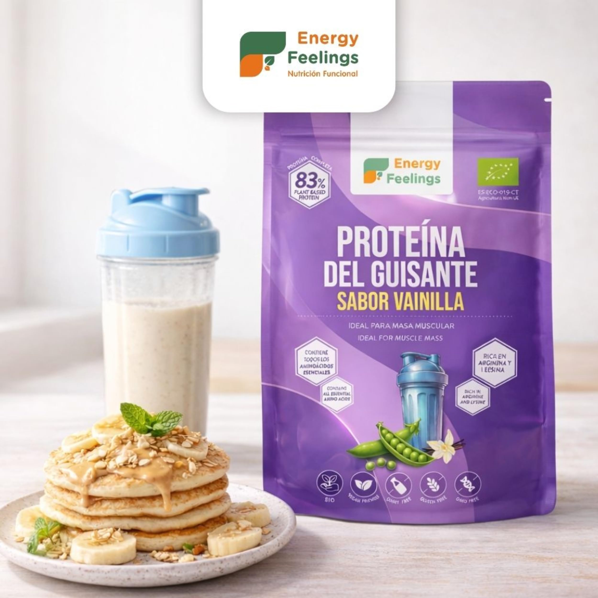 F Energy Feelings Proteine di Piselli al Gusto di Vaniglia in Polvere BIO 1 Kg / 81% Proteine Vegetali / Proteine Vegane Massa Muscolare e Dimagrire / Senza Zuccheri Aggiunti, Lattosio né Glutine