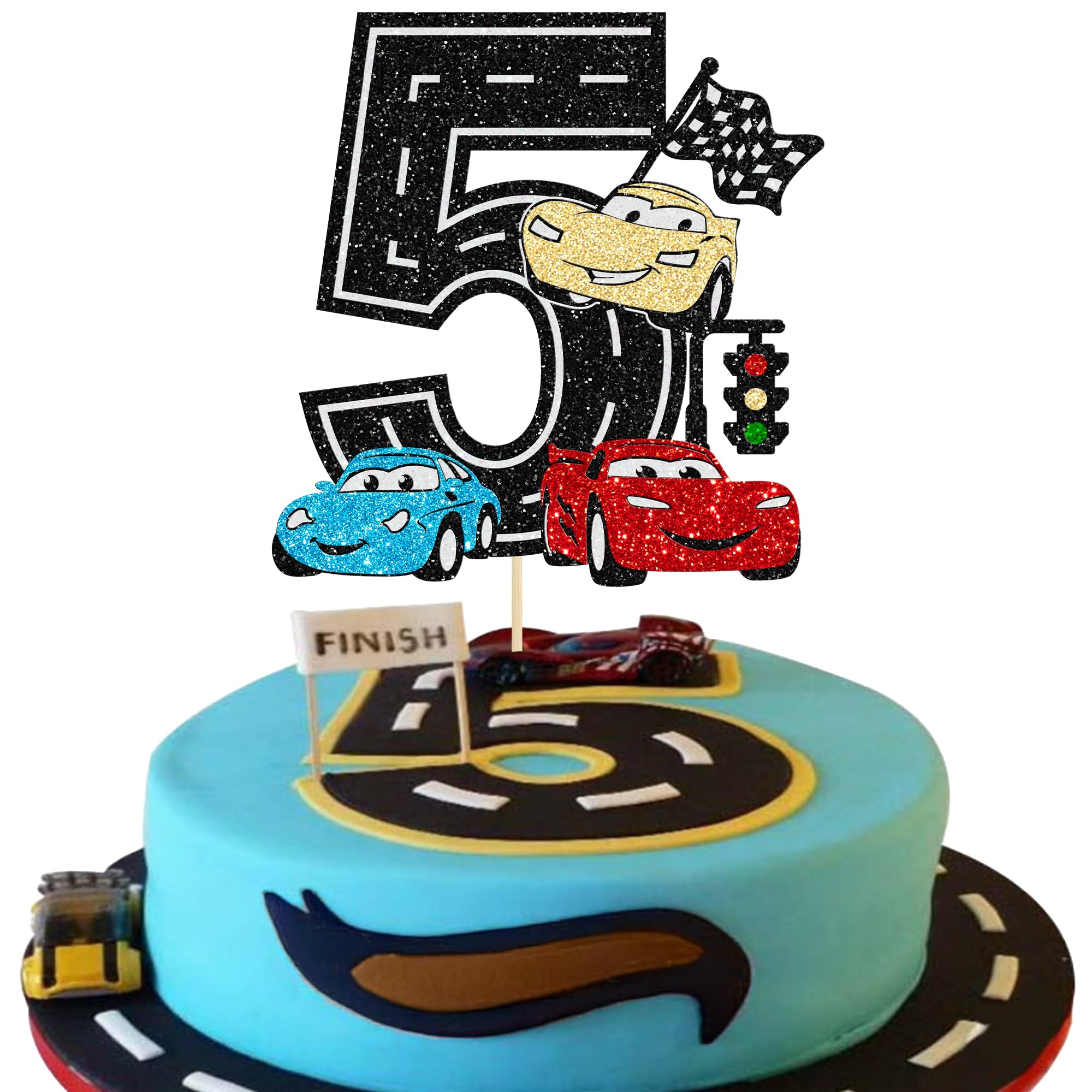 Ephlyn 1Pc Race Car 5th Birthday Cake Topper Glitter 5th Racing Car Birthday Cake Decoration for Racing Checkered Flag Themed Girl Boy 5 Years Birthday Party Supplies