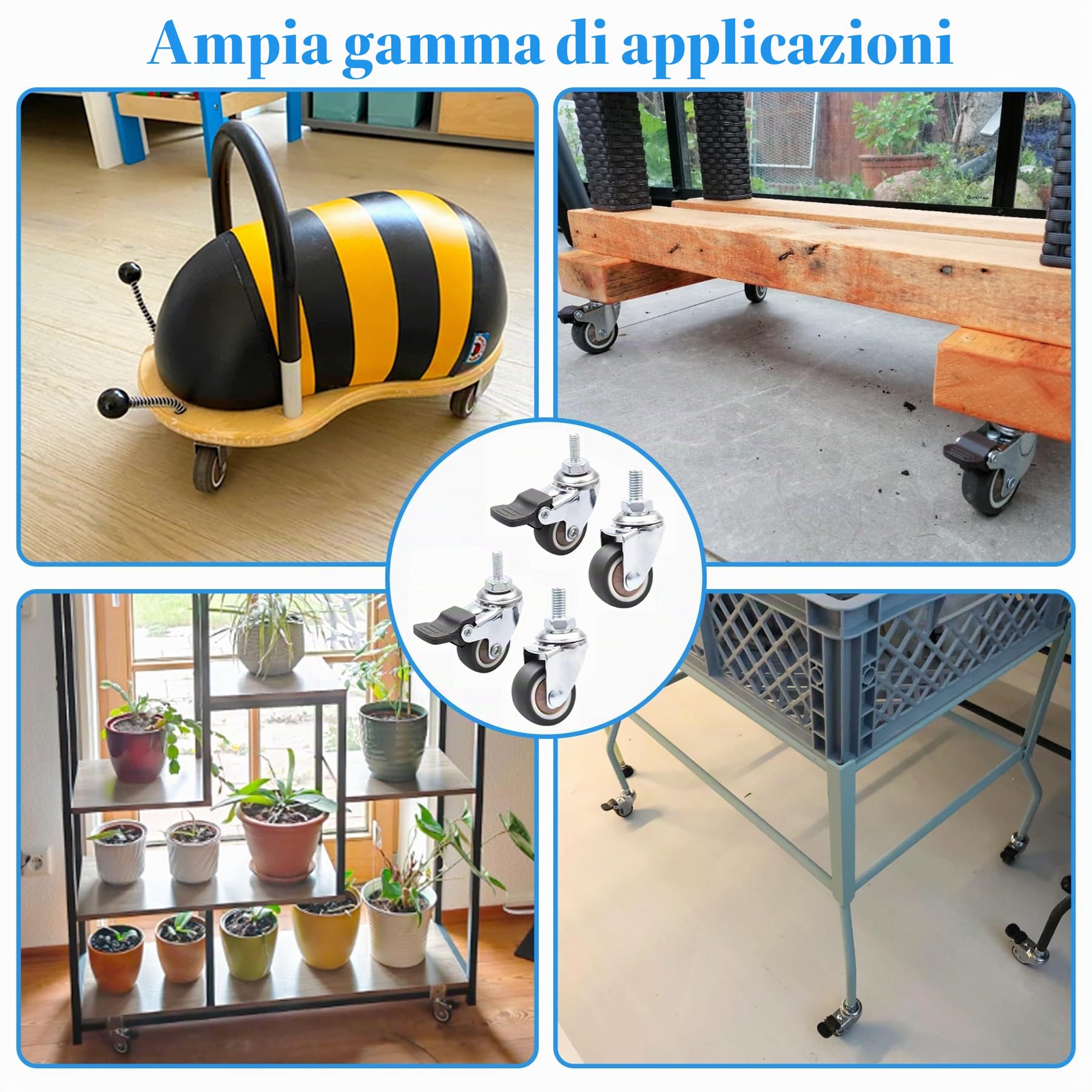 CiciIng Ruote per mobili, 4 pezzi, 1 pollice, capacità di carico 40 kg, freni e rotazione a 360°, TPR e metallo