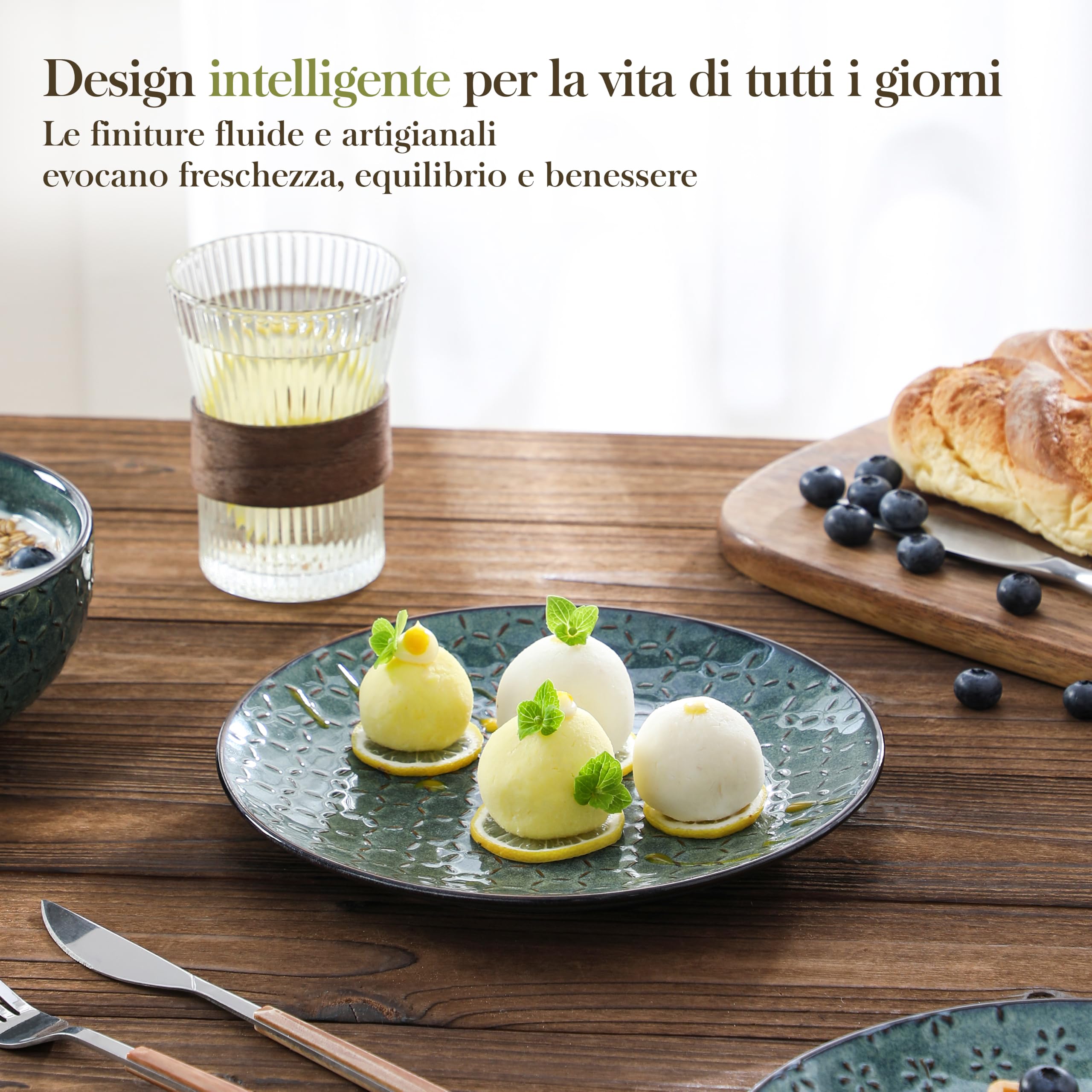 MALACASA Set di stoviglie da 12 pezzi, moderni set di piatti e ciotole, set di piatti verdi per 4 persone, piatti piani da cucina, set di stoviglie in ceramica per forno a microonde e lavastoviglie