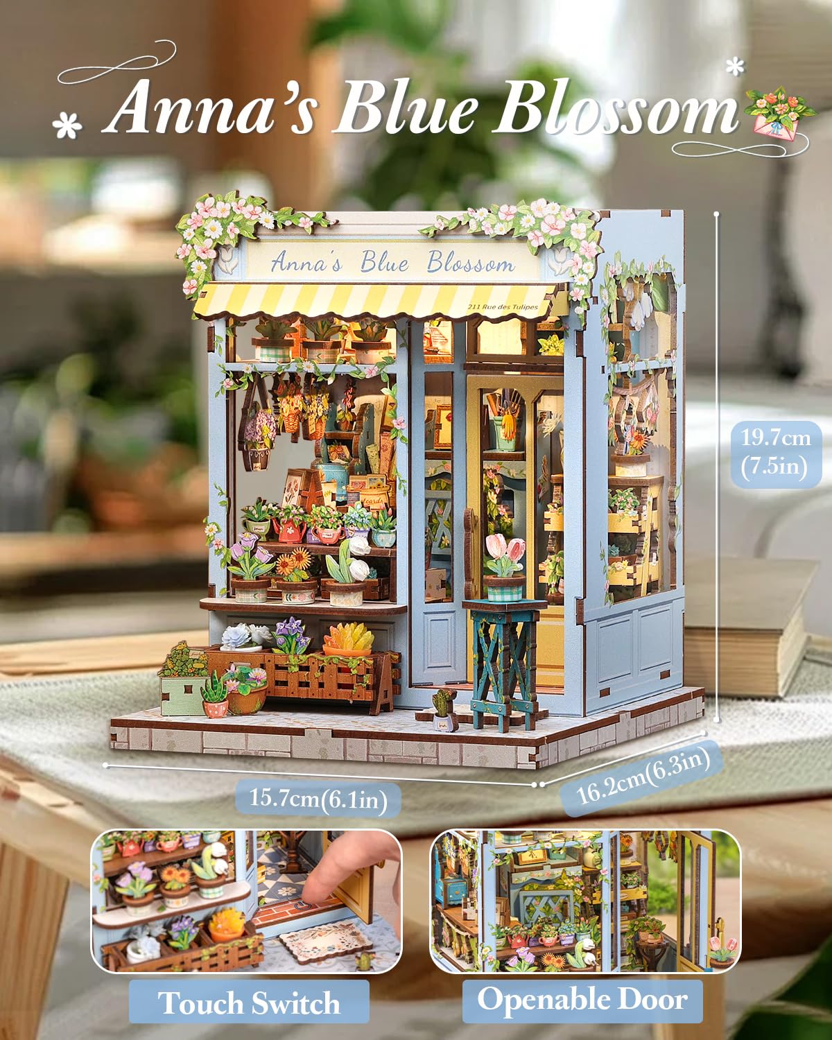CUTEBEE Book Nook Kit - Kit Casa delle Bambine da Costruire Fai-da-Te, Casa in Miniatura DIY di Fioriture Serene, Fermalibri in Legno 3D, Decorazione Creativa per Librerie, Regali(Anna's Blue Blossom)