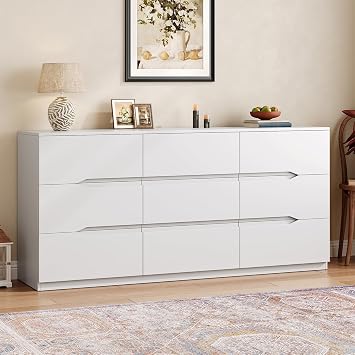 White 9 Drawer Dresser for Bedroom,60.3" Wide Chest of Drawers with Groove Handle,Modern Large Dressers with Slide Rail, Long Storage Cabinet for Living Room,Hallway and Closet