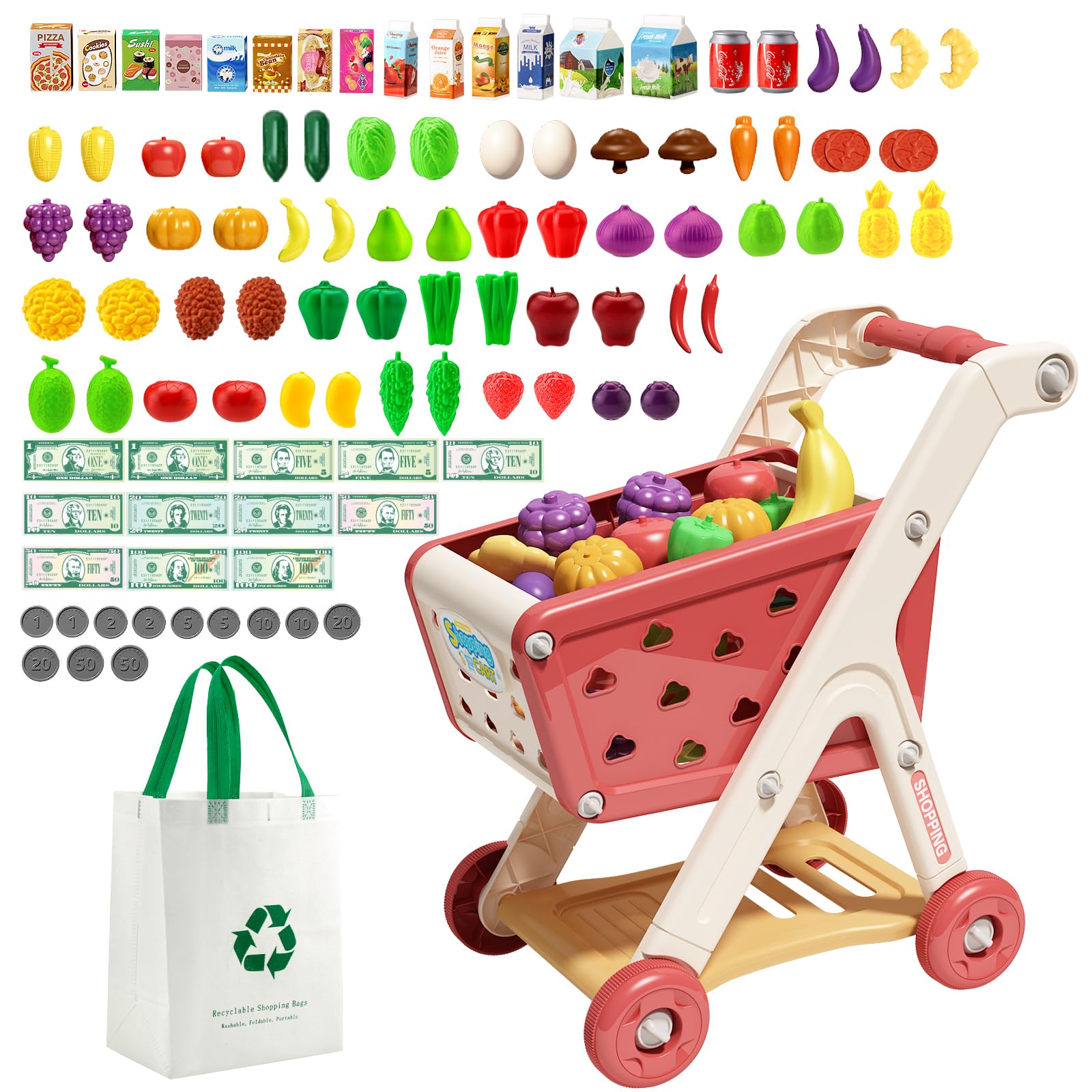 JOVOW Carro Compra Juguetes Infantil, 98 Piezas de Conjunto de Carrito de Compras para Niños con Bolsa de Compras, Conjunto de Juguetes de Cocina y Tienda para Niños y Niñas de 3 Años en Adelante | Perfecto para mayores de 3 años y juegos de rol