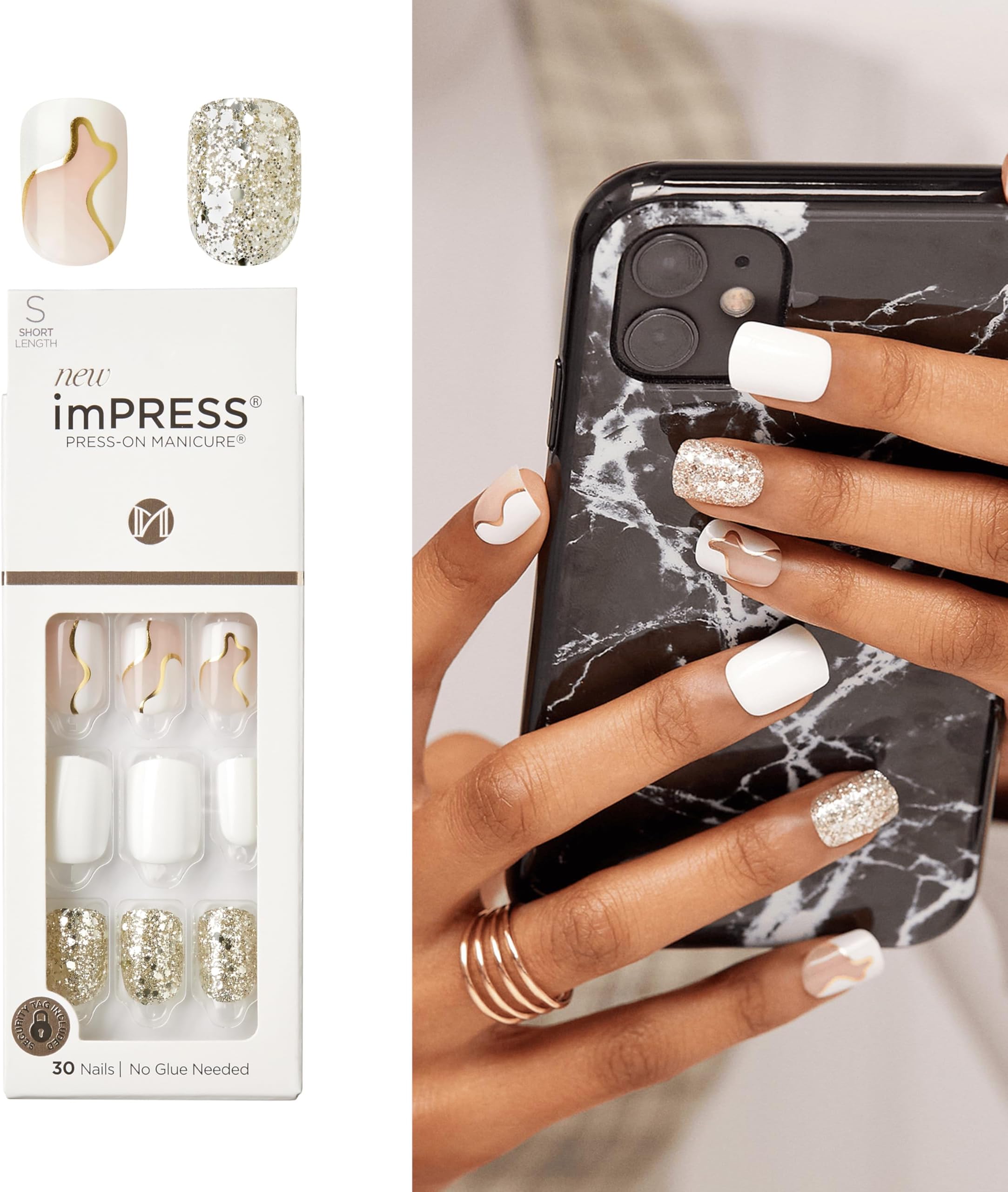 Kiss Impress Press-On Manicure Fake Nails – Astound, Short, Square, White, Easy Press On, Chip Proof, Smudge Proof, Waterproof, No Dry Time, Comfortable & Secure, Super Hold Adhesive | 30 Count