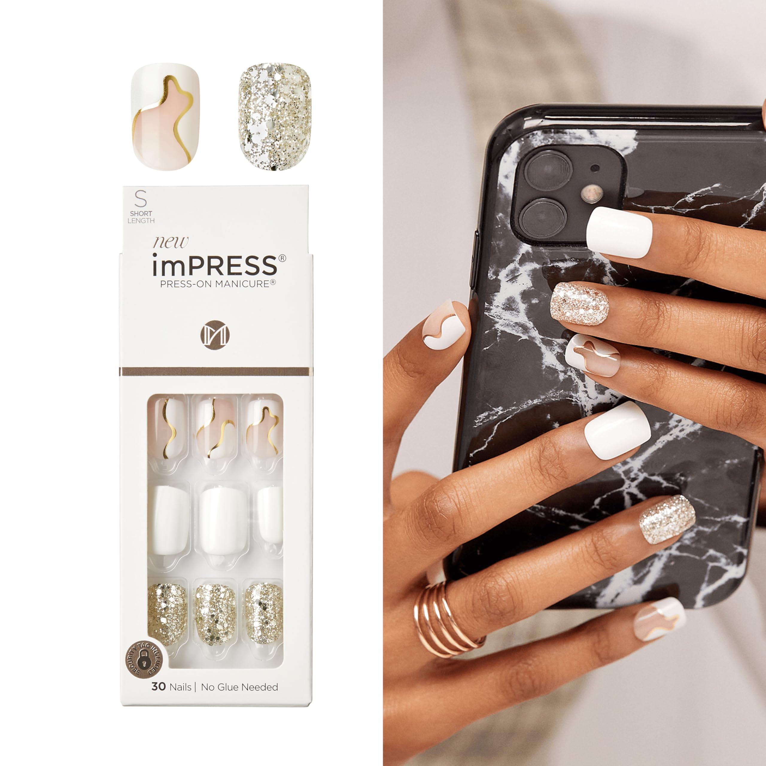 KISS imPRESS No Glue Mani Press On Nails, Design, 'Astound', White, Short Size, Squoval Shape, Includes 30 Nails, Prep Pad, Instructions Sheet, 1 Manicure Stick, 1 Mini File