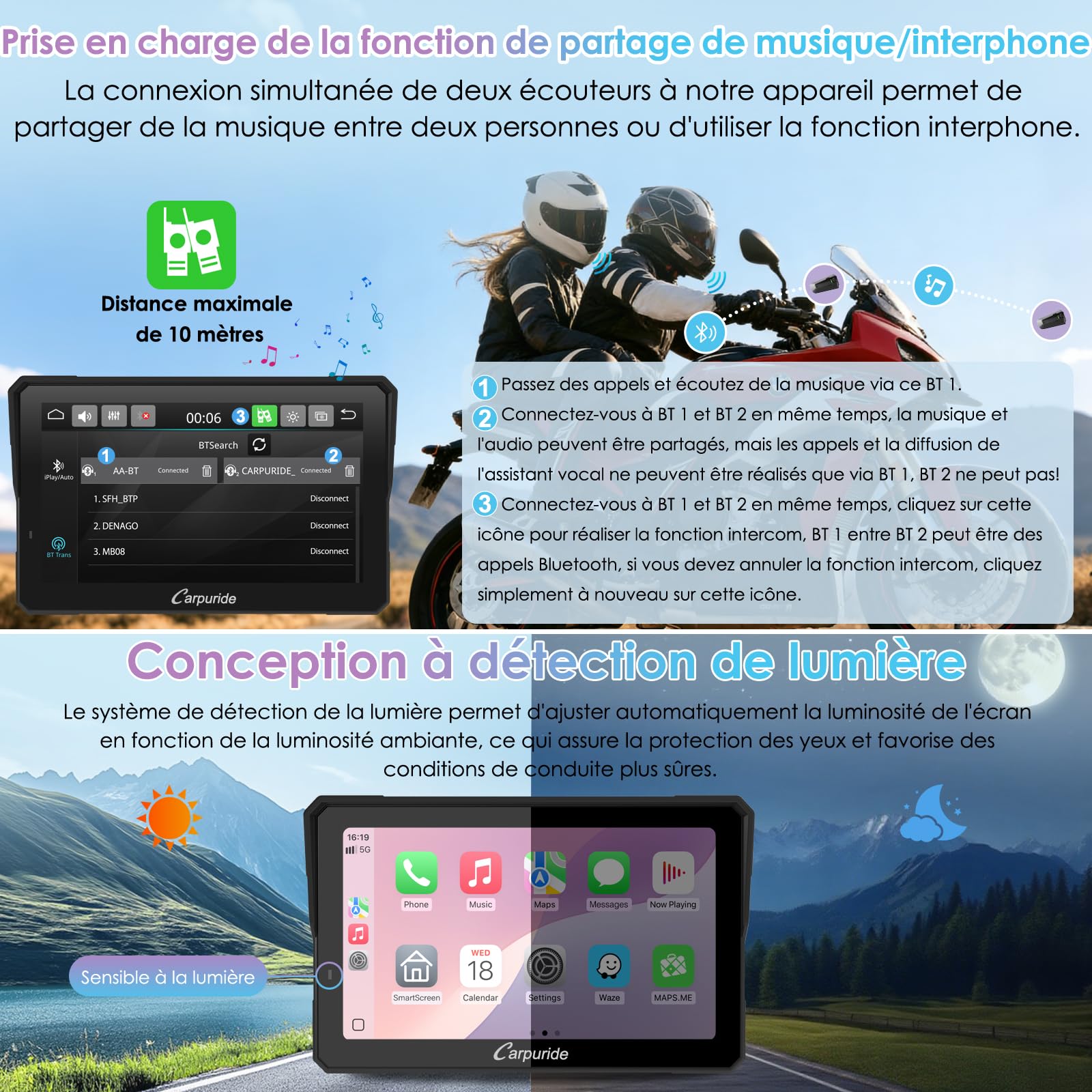 CARPURIDE W702RS Pro Écran Carplay pour Moto avec Radar BSD et Support BM05 | Sans fil CarPlay & Android Auto, écran tactile étanche 7", Fonction Interphone, Double Bluetooth, Contrôleur Filaire