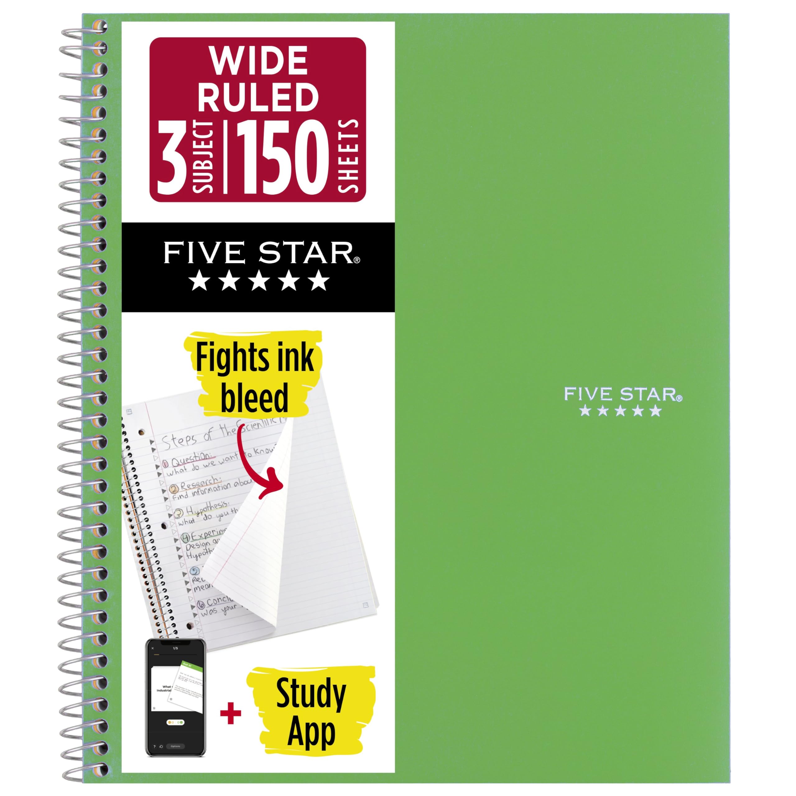 Amazon.com : Five Star Spiral Notebook + Study App, 3 Subject