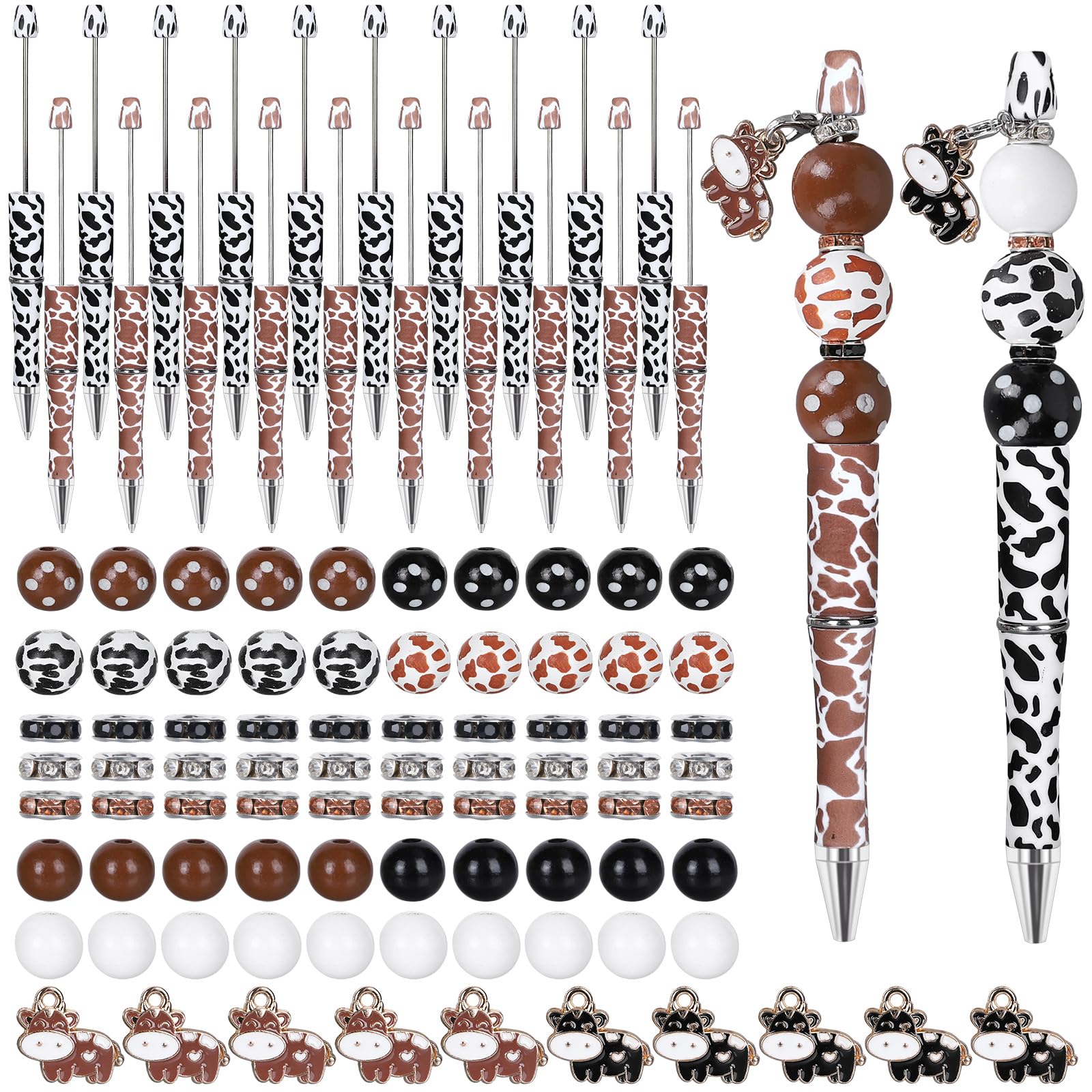 Whaline 110Pcs Cow Beadable Pens Black and Brown Cow Print DIY Pens with 30Pcs Spacer Beads 40Pcs Wooden Beads 10Pcs Cow Pendant for Student Office
