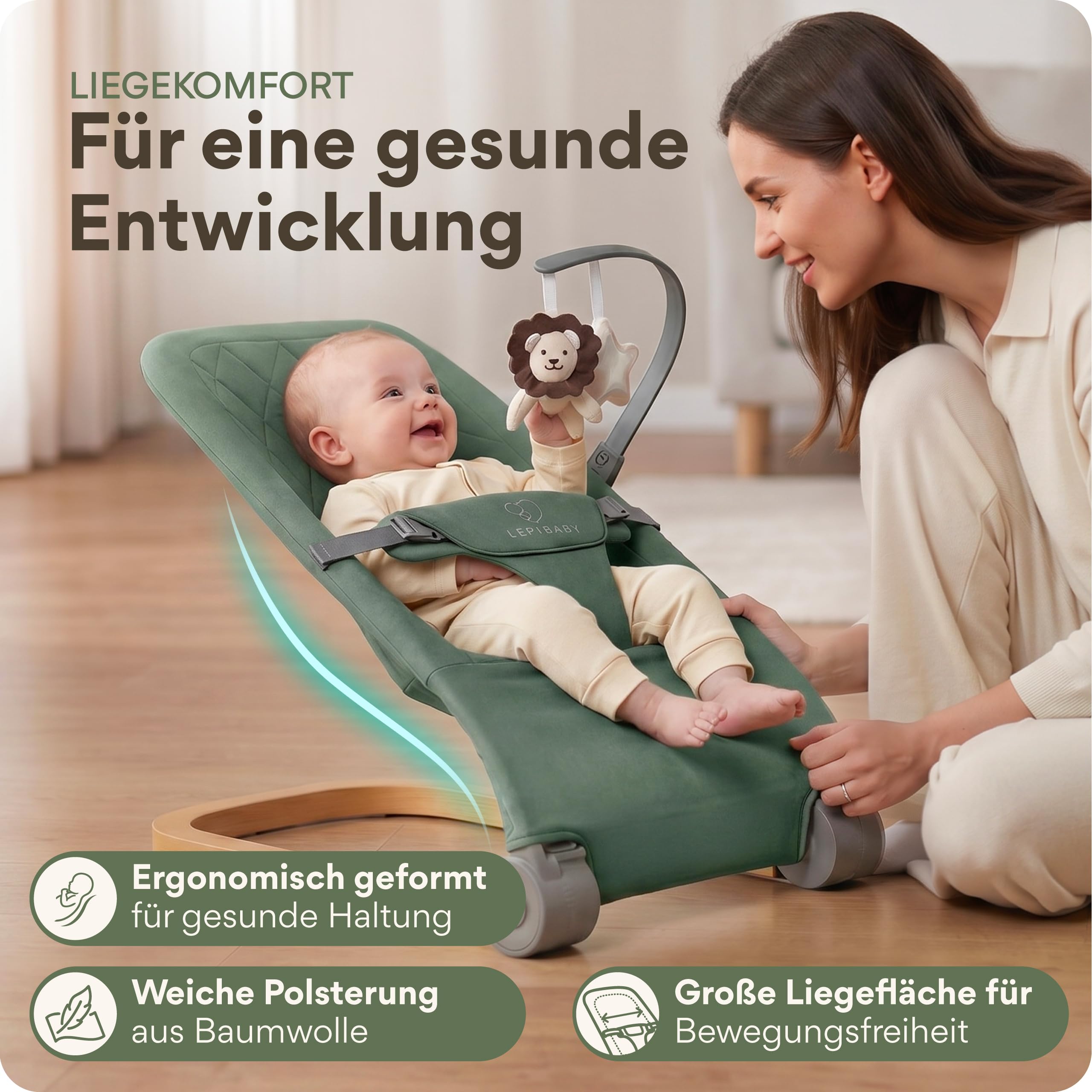 Babywippe Neugeborene, 0 bis 12 Monate, Baby Wippe, Baby Bouncer | Faltbarer Baby Rocker, Babyschaukel mit Spielbogen, Verstellbare Babywiege, Baby Schaukel leicht waschbar, SamiBu Grün