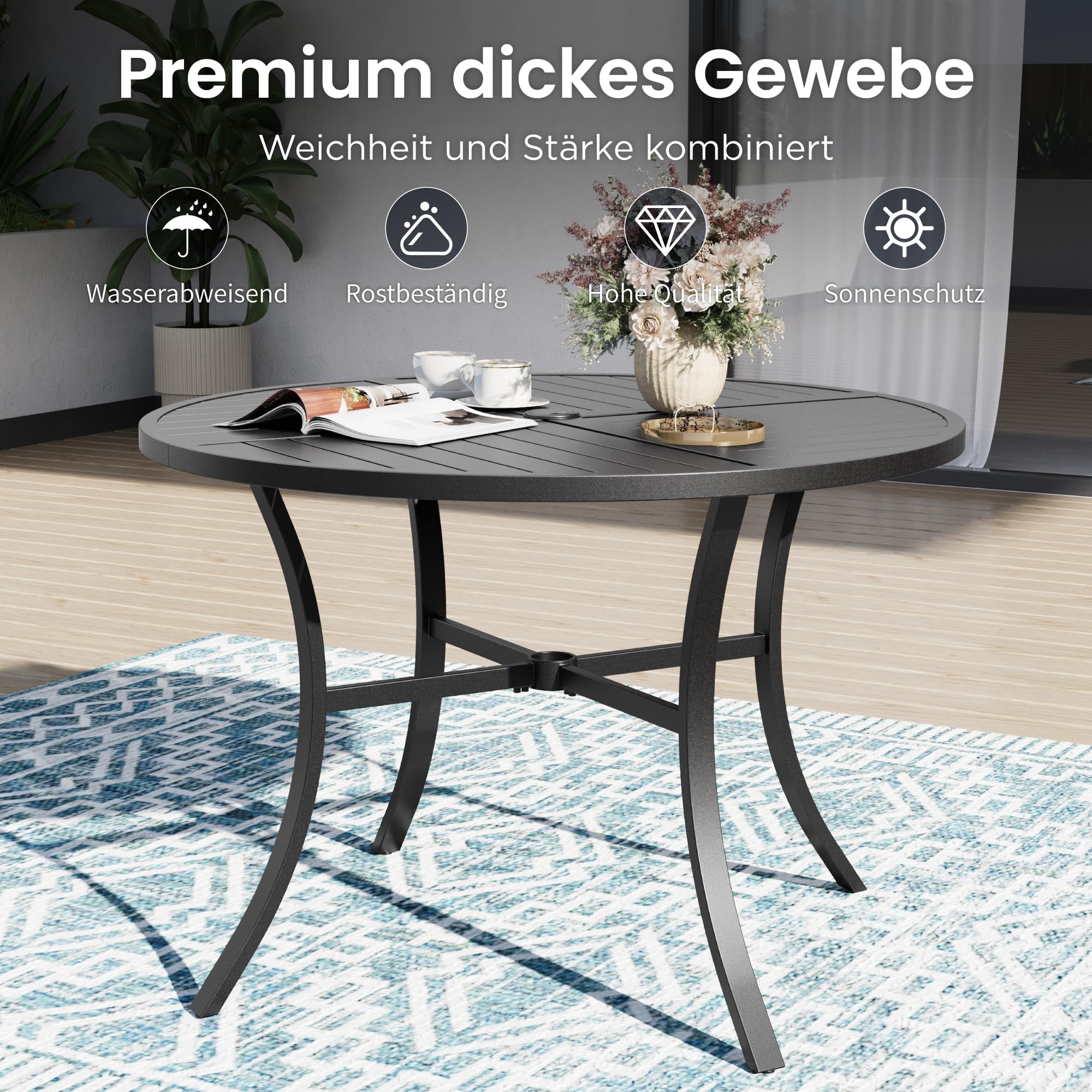 PHI VILLA 5-teiliges Gartenmöbel Set Wetterfest Runder Gartentisch und 4 Braune Textilene Stühle Terrassenmöbel Sitzgruppe Outdoor für Balkon,Deck,Hof
