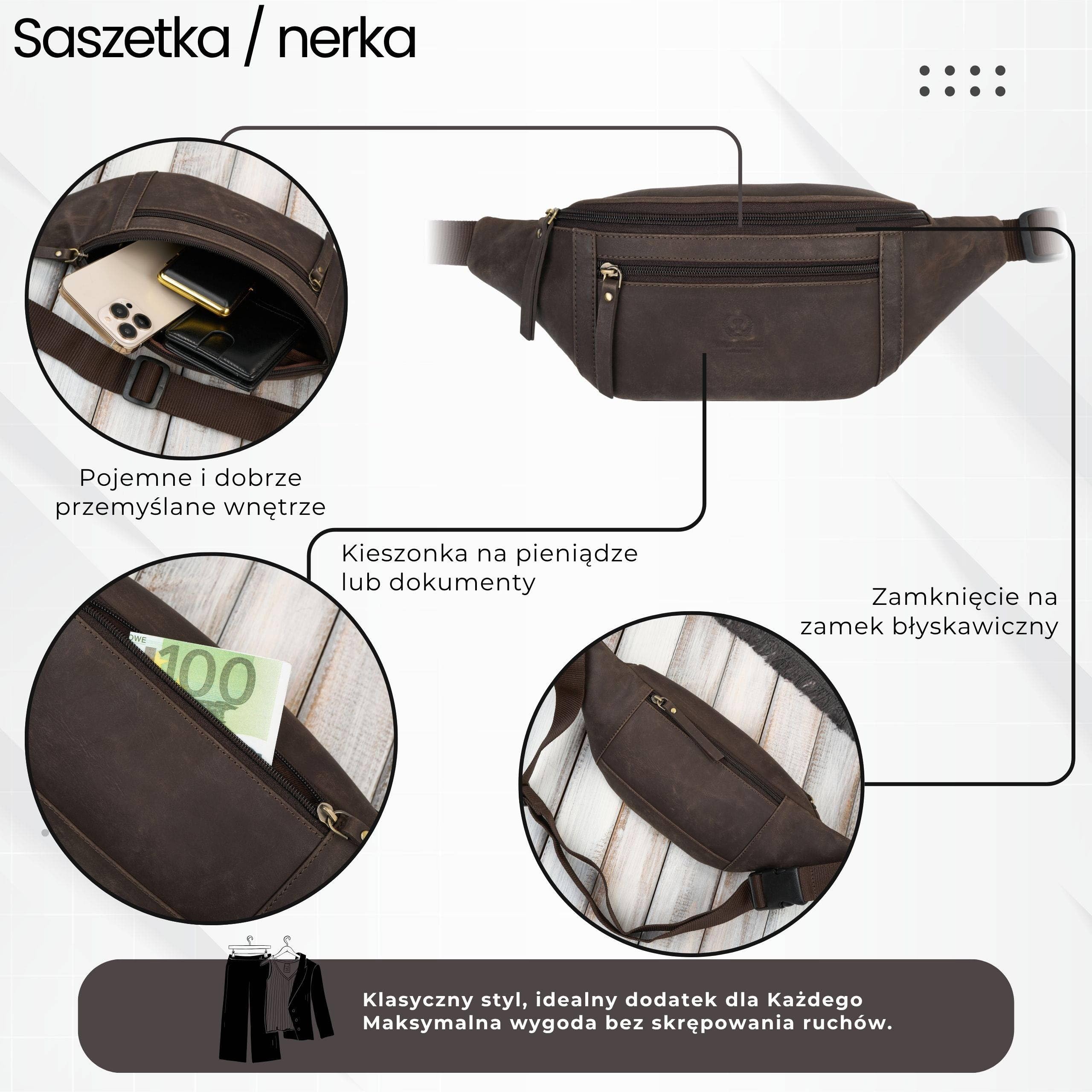 Saszetka męska skórzana nerka na pas brązowa vintage pojemna Paolo Peruzzi AY-29-HBR