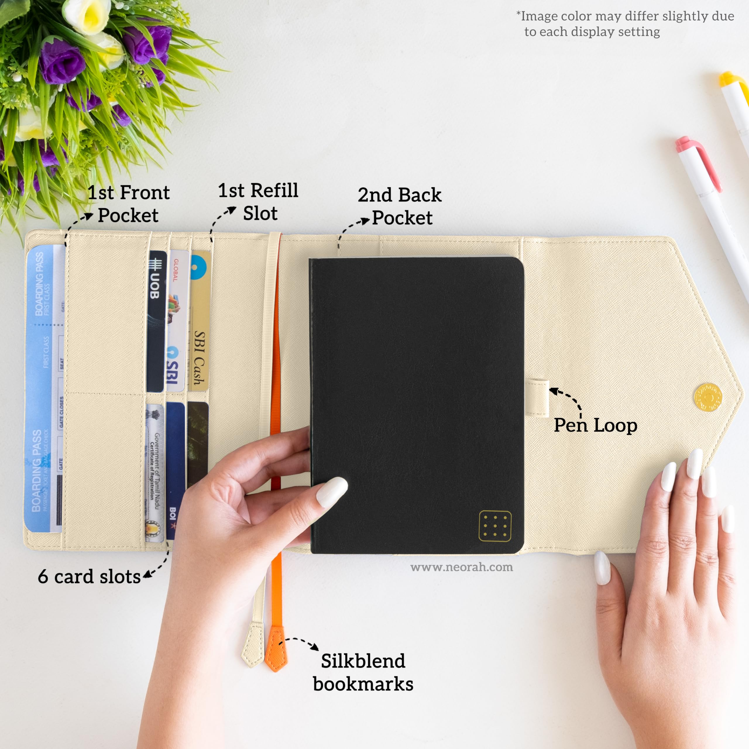 NEORAH — B6 Notebook Sleeve con chiusura a busta + Dotgrid JOURNAL | Custodia in ecopelle + passante per penna | Segnalibri | Tasca anteriore e posteriore | 6 slot per schede -AFTERGLOW