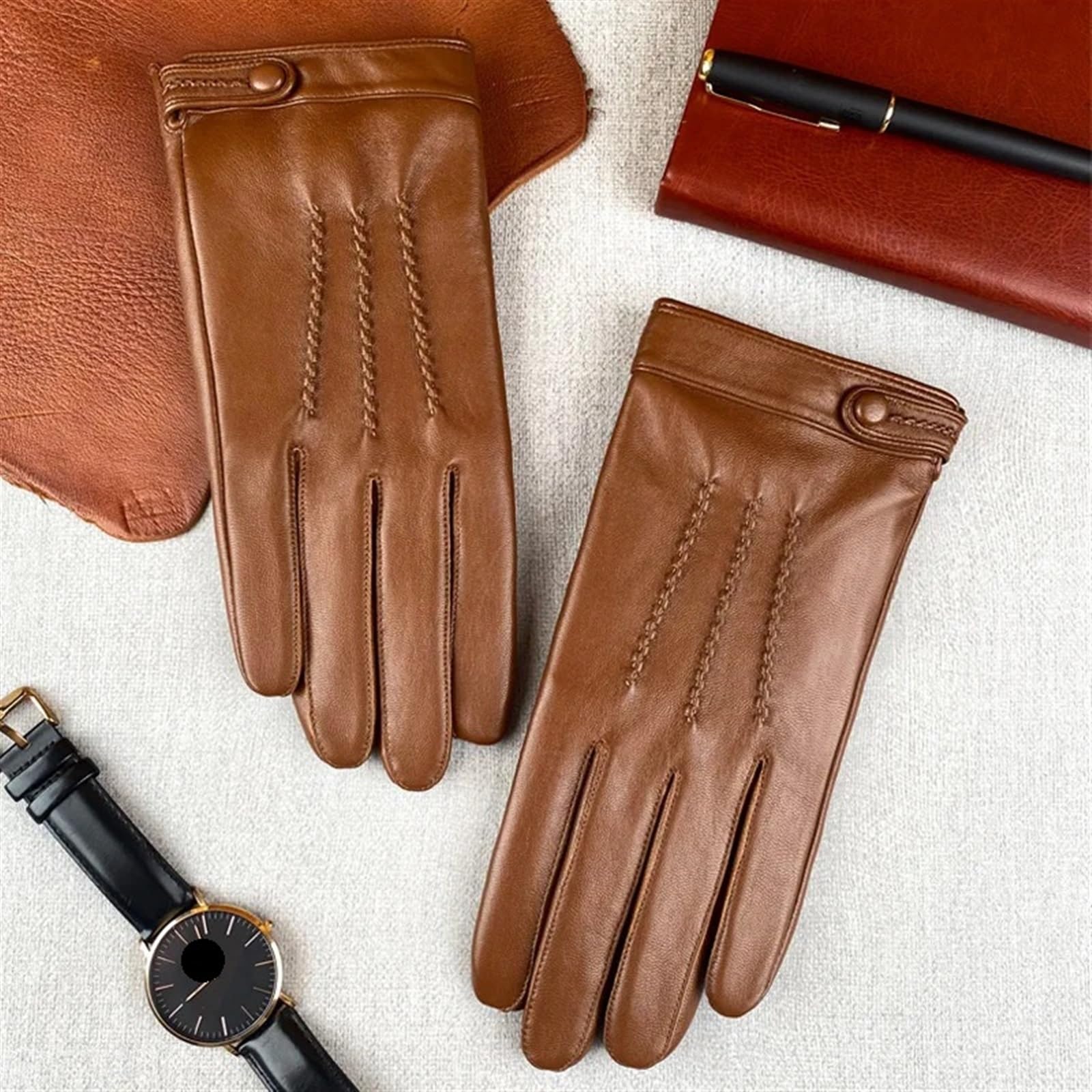Guantes de cuero for hombre, otoño e invierno, resistentes al viento, cálidos, for negocios, con pantalla táctil, guantes dedo completo Guantes de Punto para Hombre