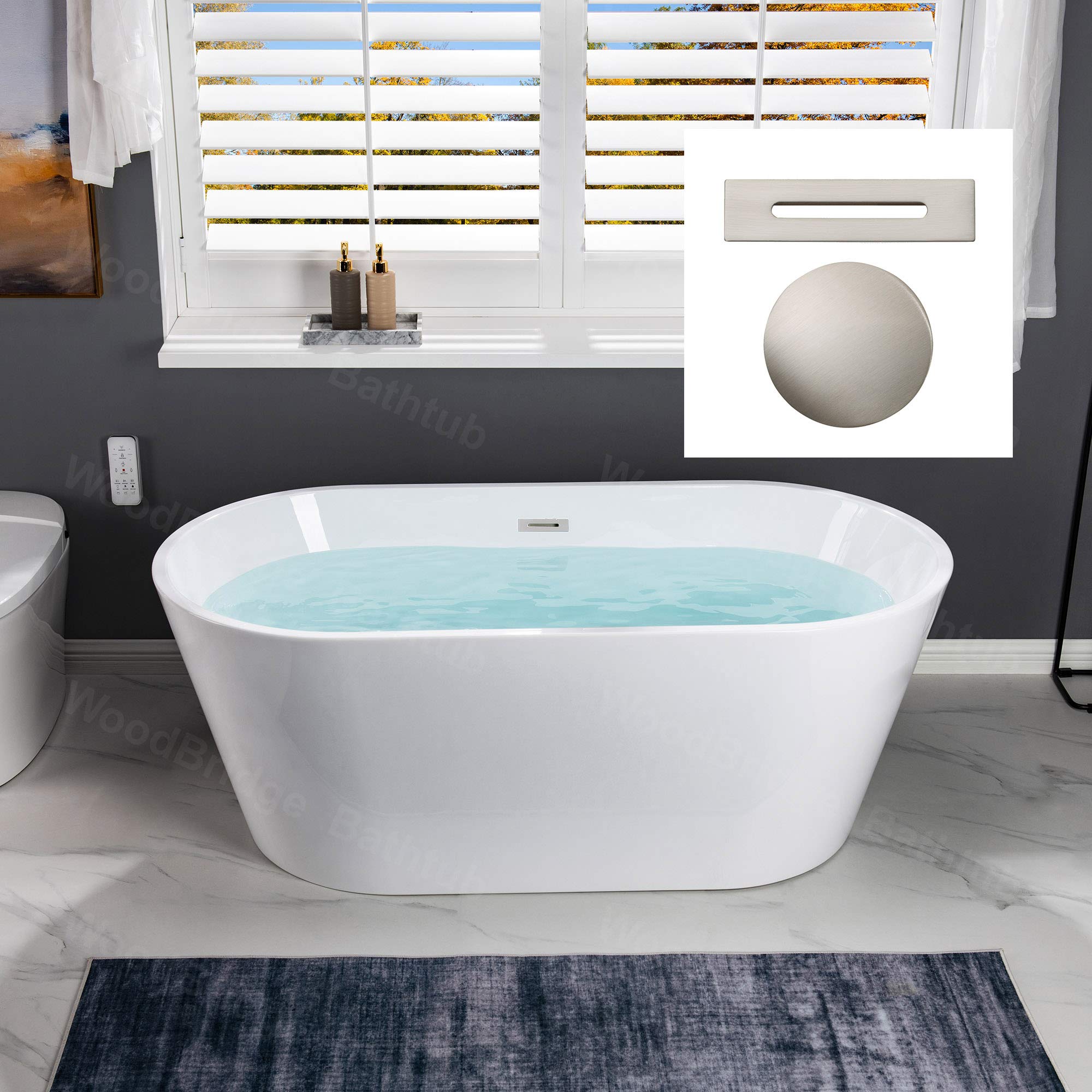 woodbridge 59" freestanding white acylic soaking bathtub with brushed gold drain and overflow