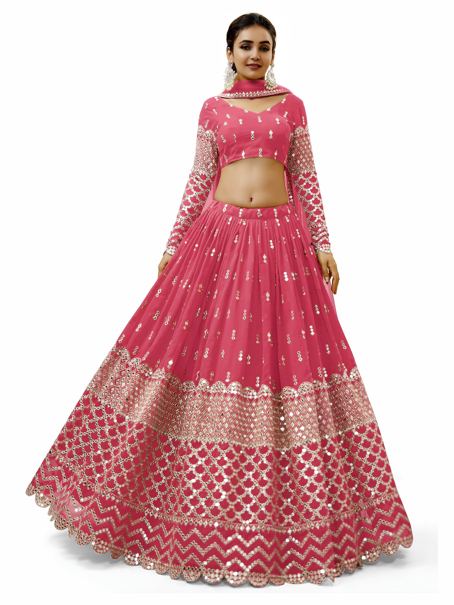 Zeel Clothing Women's Georgette Embroidered Fabric Sequins Zari Embroidered Semi-Stitched Lehenga Choli With Dupatta (300-Wedding-Bridal--New-Stylish)