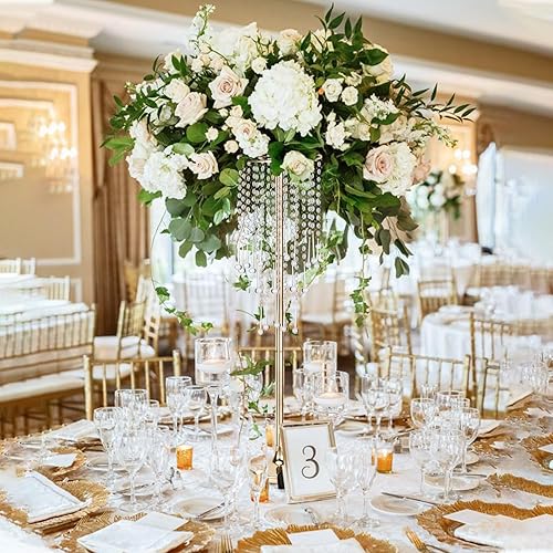 Miniatura 4 de 12 piezas de 39.4 pulgadas39.4 in de alto soporte de flores para centros de mesa de boda, jarrones de metal dorado con colgante de cristal, centros