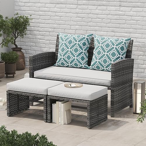 OC Orange-Casual Outdoor Loveseat Patio Furniture Rattan Conversation Set with Ottoman, White Cushions, Grey Wicker, Pillows Included