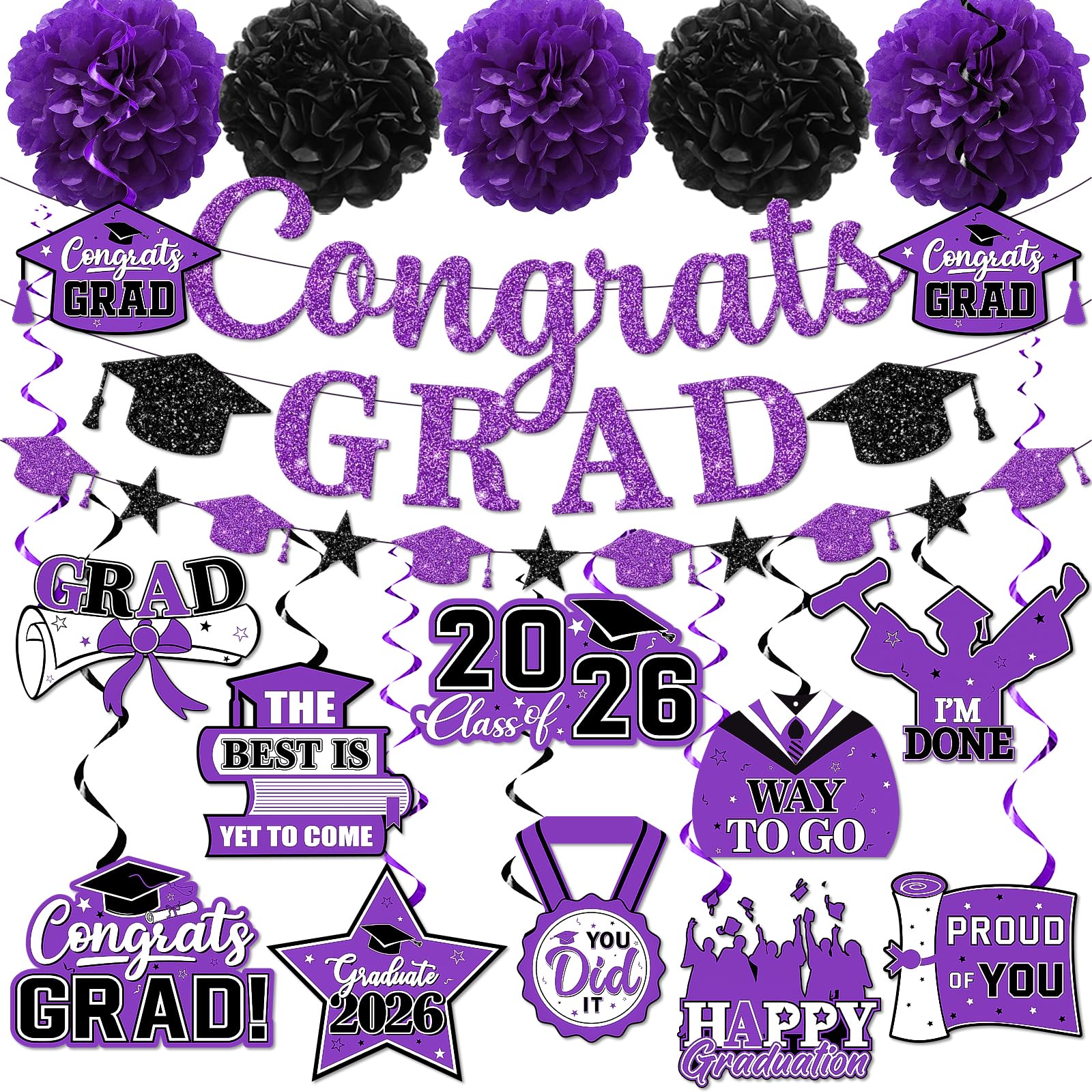 Photo 1 of ***Ring Only****Purple Graduation Decorations, Graduation Decorations Class Of 2026 Congrats Banner Purple and Black Graduation Congrats Grad Hanging Swirls for College Grad Party