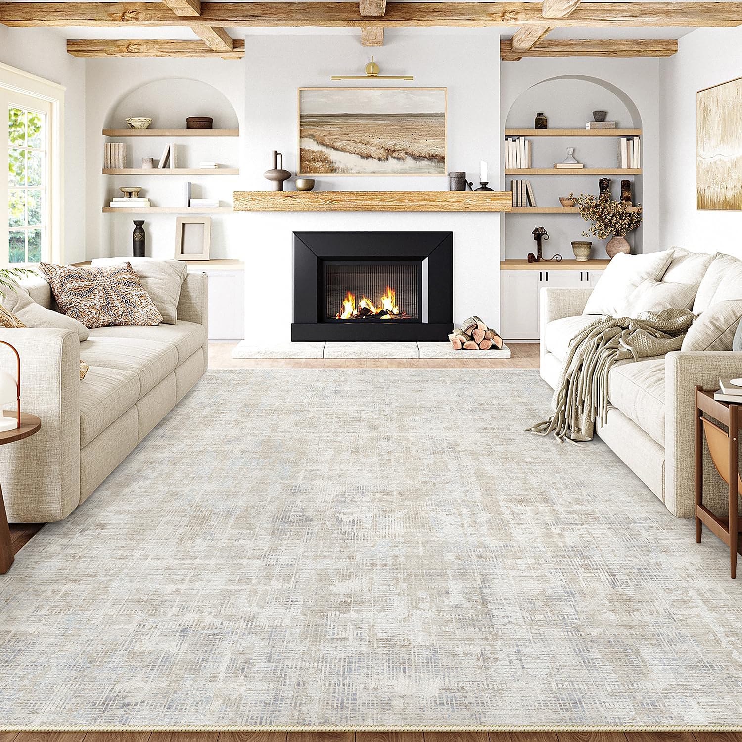 PureCozy Rugs Living Room Beige Grey Area Rug 300x400cm Bedroom Washable Non Slip Large Boho Abstract Neutral Carpet Lounge Dining Room Office Low Pile Soft Carpets — image 1