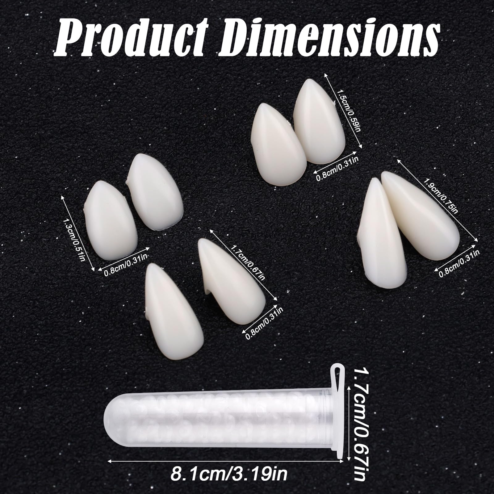 4 works Vampire Fangs for Halloween Cosplay 4 Sizes Horror False Fake Vampire Teeth Cosplay Fangs for Halloween Party Accessories (White) - Image 2
