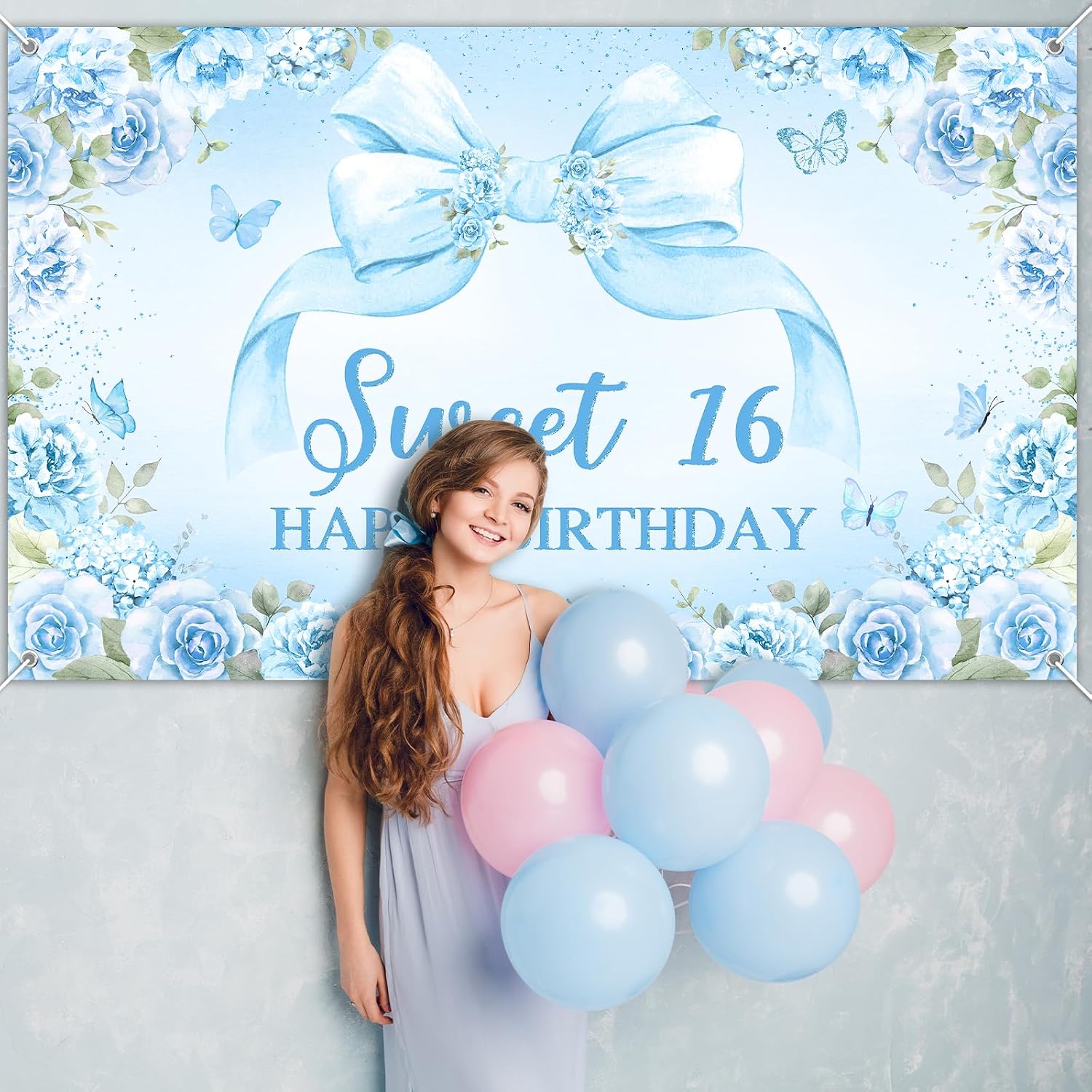 Avezano Sweet 16 Birthday Banner for Girls Blue Floral Bow Sweet 16 Birthday Decorations Sweet Sixteen Photo Background Girls 16th Birthday Backdrop Happy 16th Bday Party Supplies (Blue, 6 x 3.6 ft)