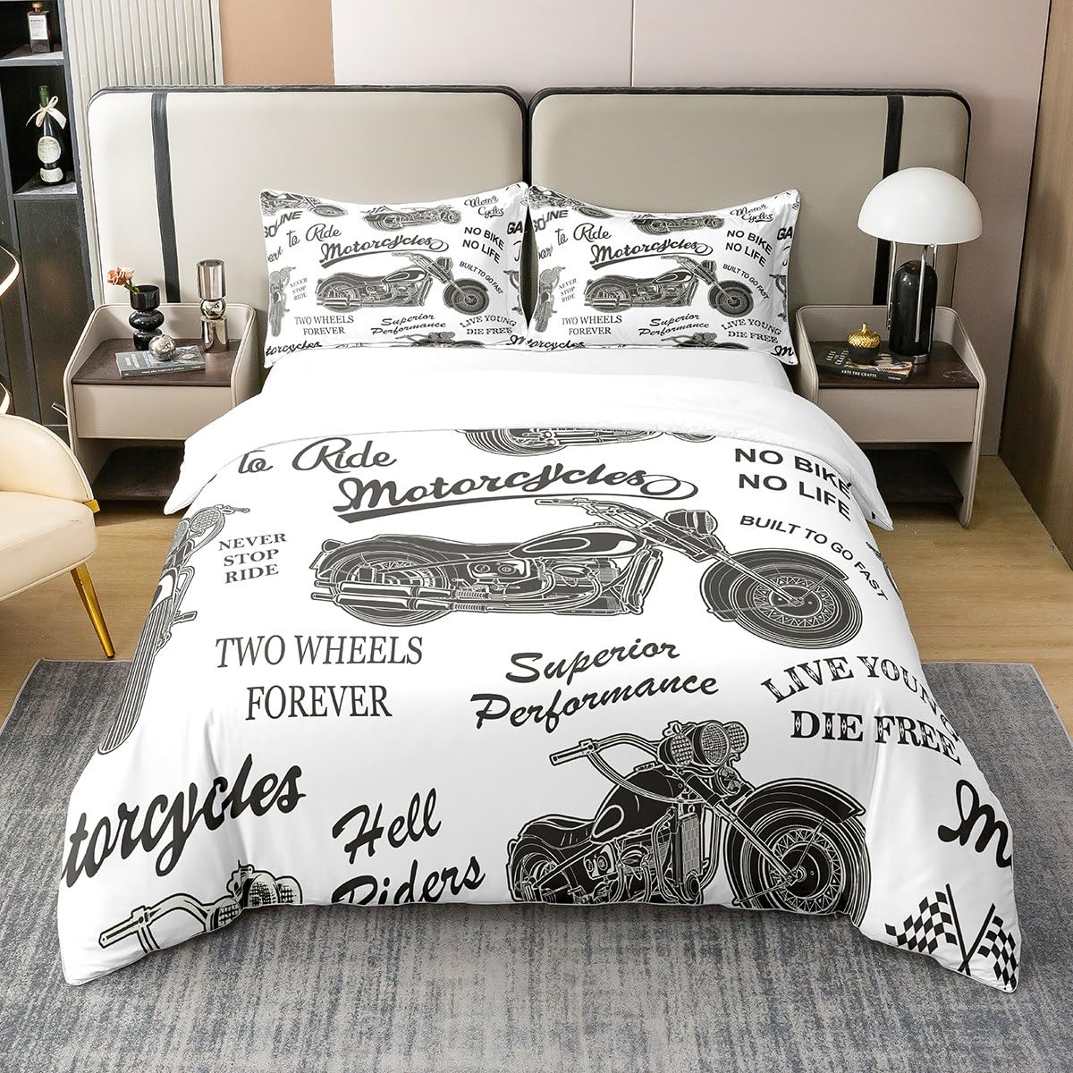 Vintage Motorcycle 100% Cotton Duvet Cover Super King Set Motocross Extreme Sports Bedding 100% Cotton Set Racing Dirt Bike Comforter Cover 3D Motorbike Print Quilt Cover Bedroom Collection 3Pcs