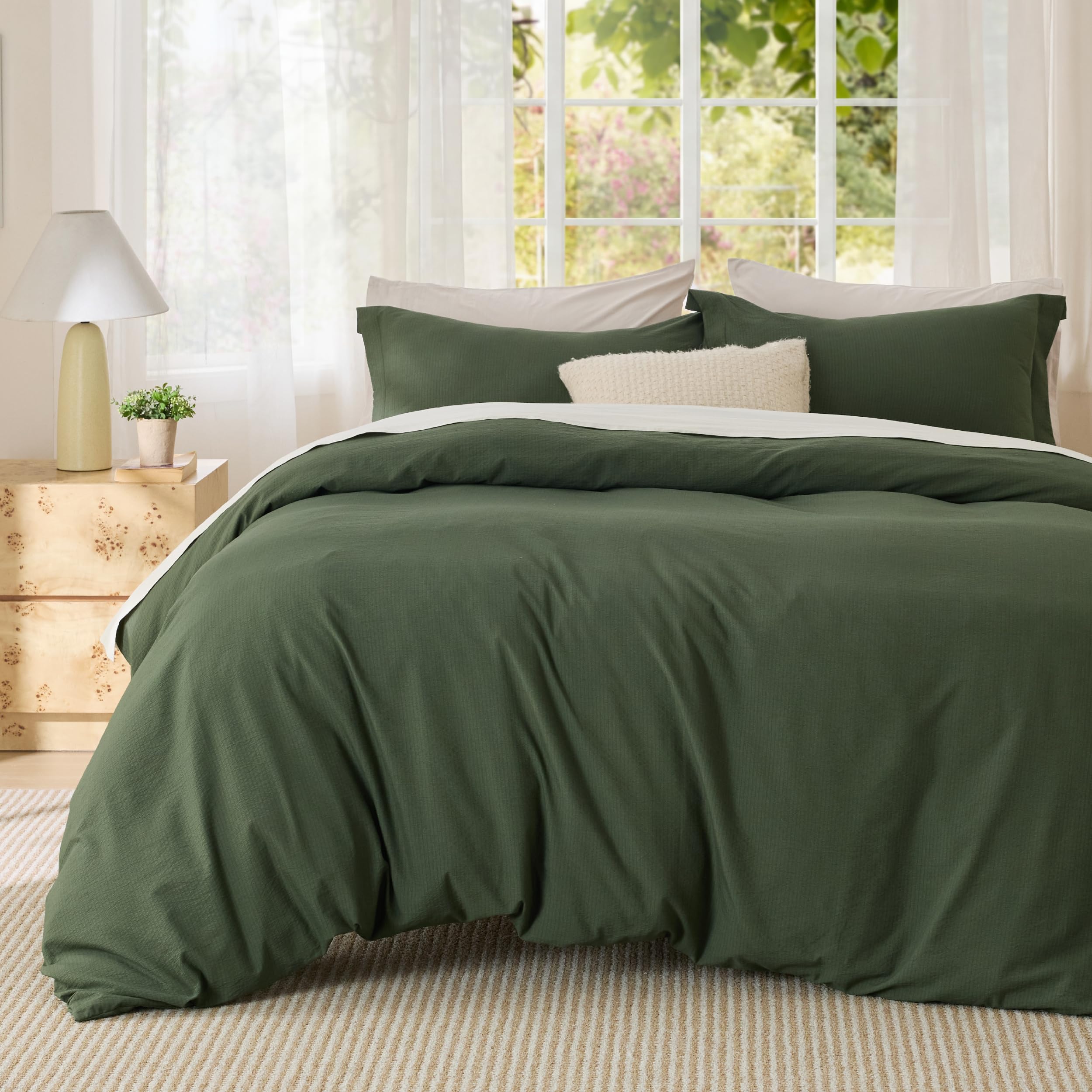 Bedsure Textured Duvet Cover Queen Size - Cotton-Like Polyester Jacquard Duvet Cover Set for All Seasons - 3 Pieces Elevated Dobby Ultra Soft Bedding Set, NO Comforter (Olive Green, Queen, 90"x 90")