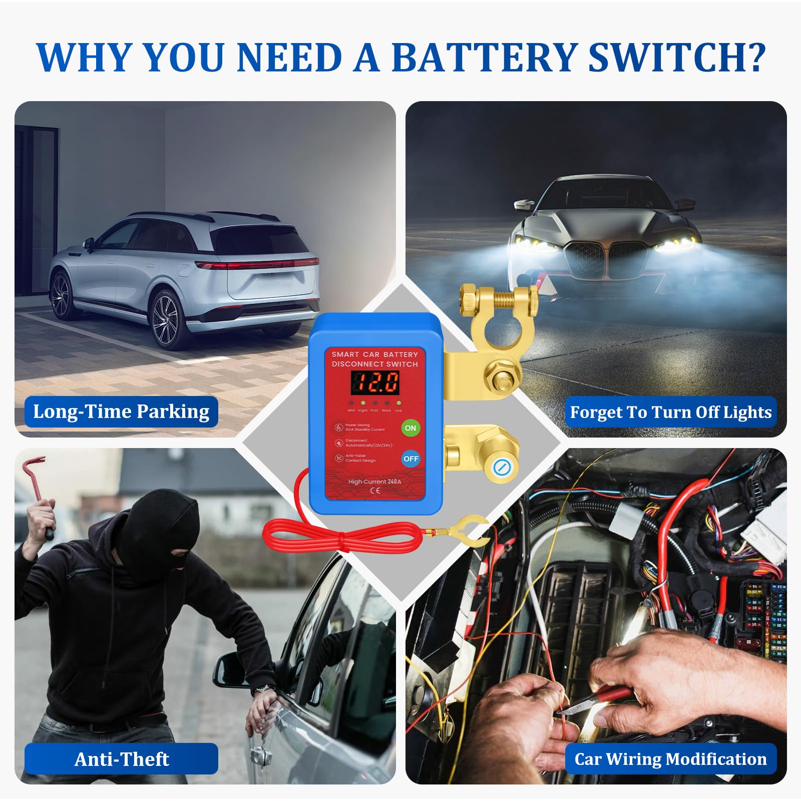 Drahtloser Auto Batterietrennschalter 12V mit Fernbedienung, 240A Drahtloser Fernbatterie-Trennschalter für Autos, Batterie Trennschalter mit Fernbedienung für RV, ATV, LKW, Yacht, Boot (Blue Red) | 12 V 240 A Fernbedienung, automatischer Ausschalter mit