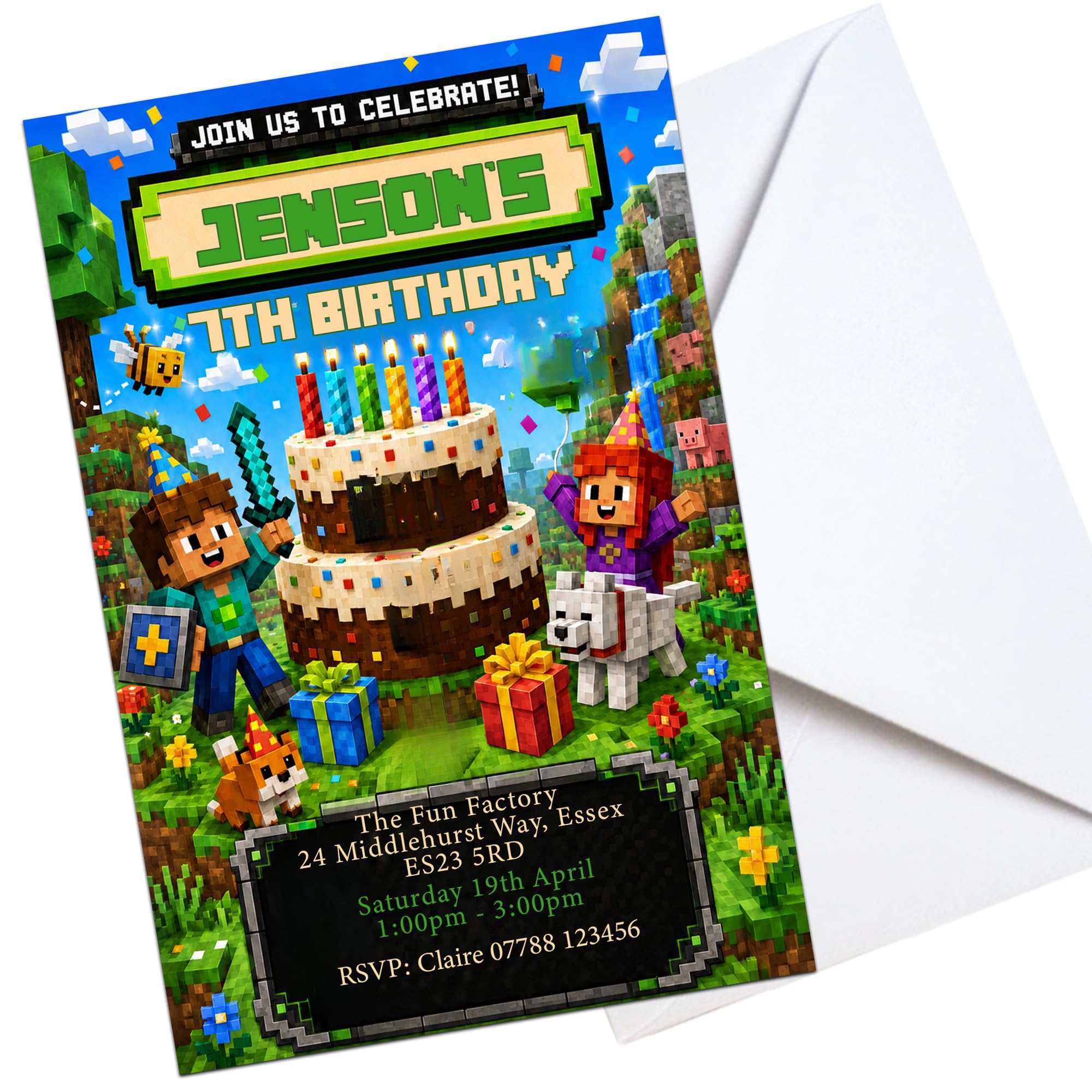 GamerCraft Invitations Personalised Party Invites Birthday & Envelopes (K267)