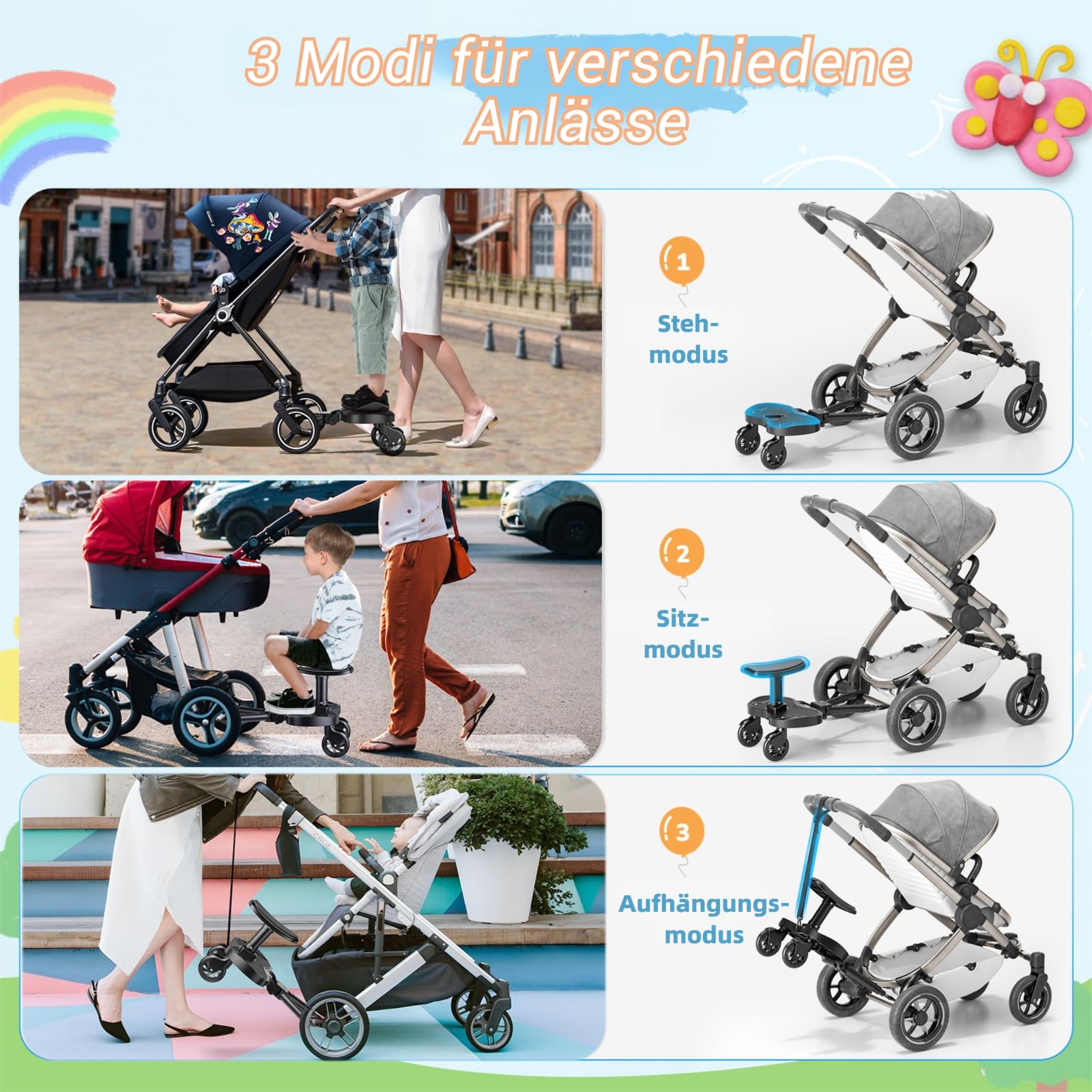 Buggy Board mit Sitz, Trittbrett für Kinderwagen Universal für Kinder von 2 bis 6 Jahren, Flexible Anpassung Kiddy Board, Kompatibel mit den Meisten Kinderwagen, Bearing 25KG