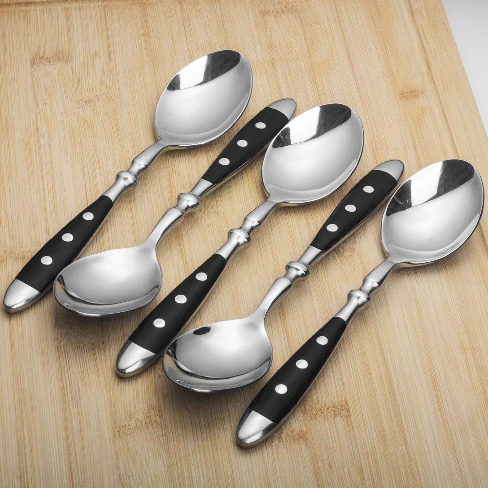 Alata Lot de 12 cuillères à soupe en acier inoxydable - Poignées noires - Poli miroir - Couverts pour la maison, le restaurant, l'hôtel, l'utilisation quotidienne - Série Berlin