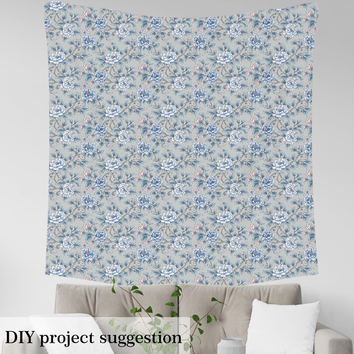 Watercolor Flowers Fabric by The Yard Sketch Blue Pink Blooming Floral Decor Fabric for Adults Sewing Lovers Rustic Garden Style Fabric for Clothing Sewing and Arts Crafts 3 Yards,108" L x 59" W