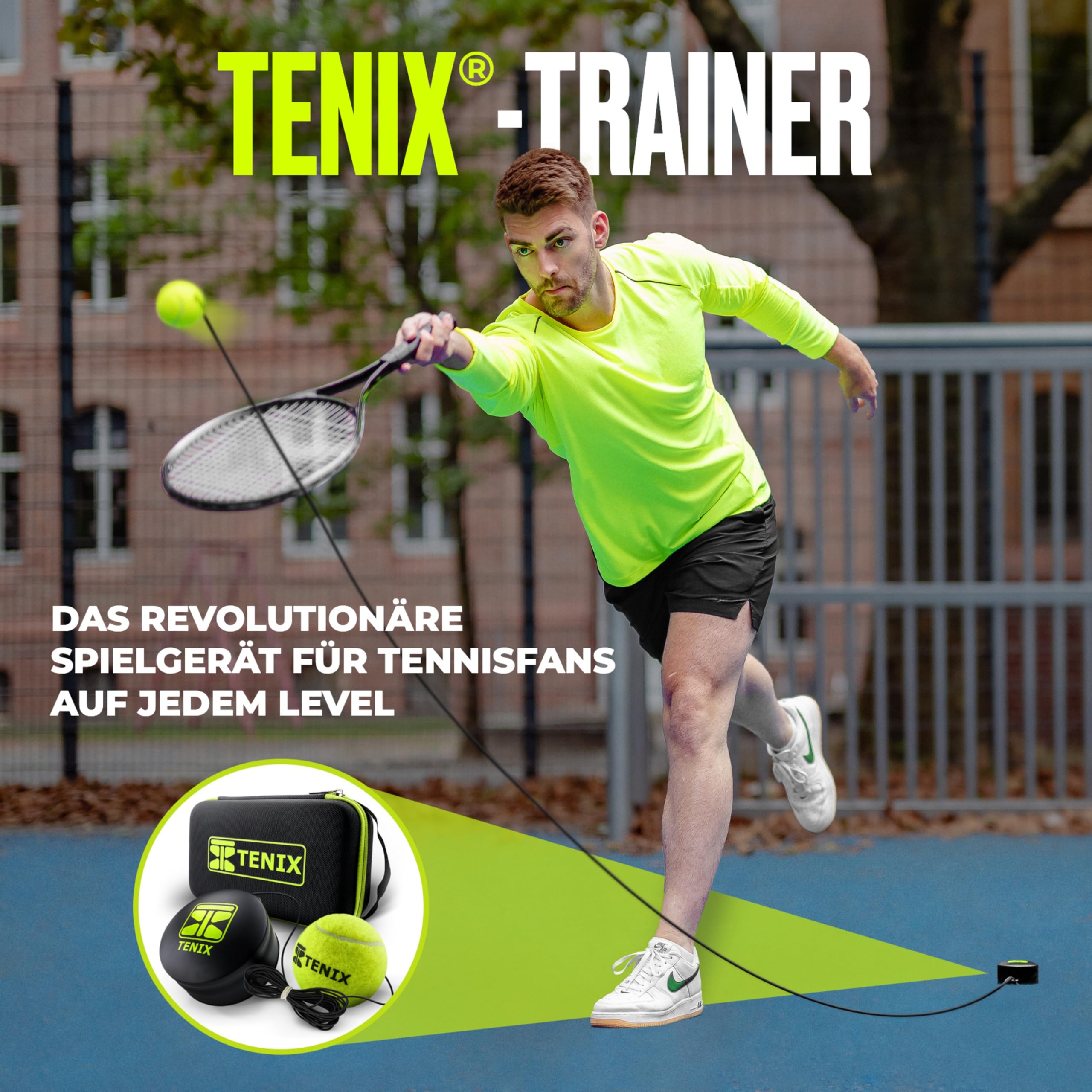 TENIX® Tennis-Trainer Set [mit Power-Grip-System] Tennis Trainingsgerät für Kinder & Erwachsene | Tennis alleine Spielen im Hof, im Park, auf dem Tennisplatz | Hole dir deinen Selbst-Trainer!