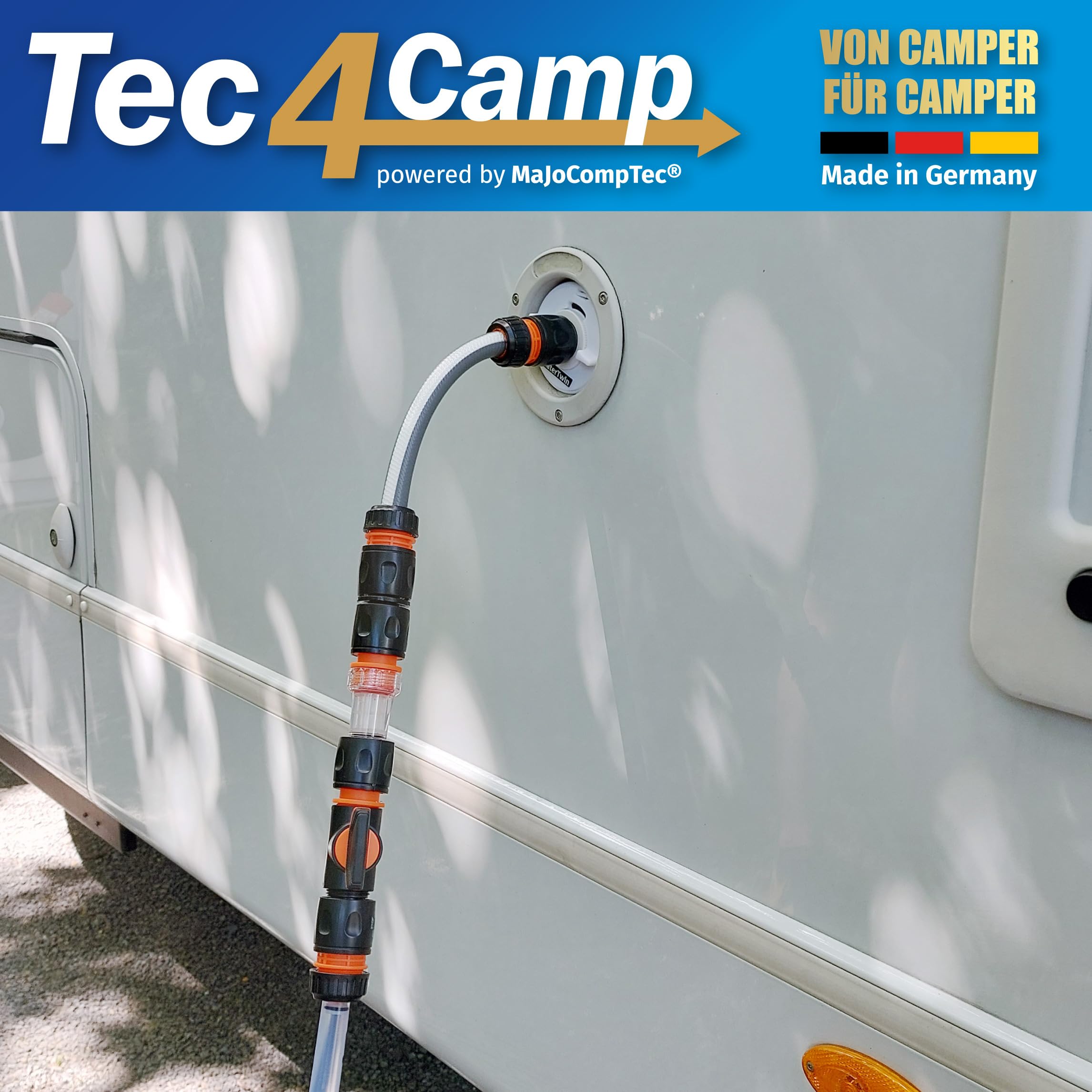 MaJoCompTec® CONNECT-30 Kit de filtre à eau pour camping-car - Embout de remplissage d'eau pour caravane - Accessoires pour bouchon de réservoir - Raccord de tuyau compatible avec Gardena (kit de